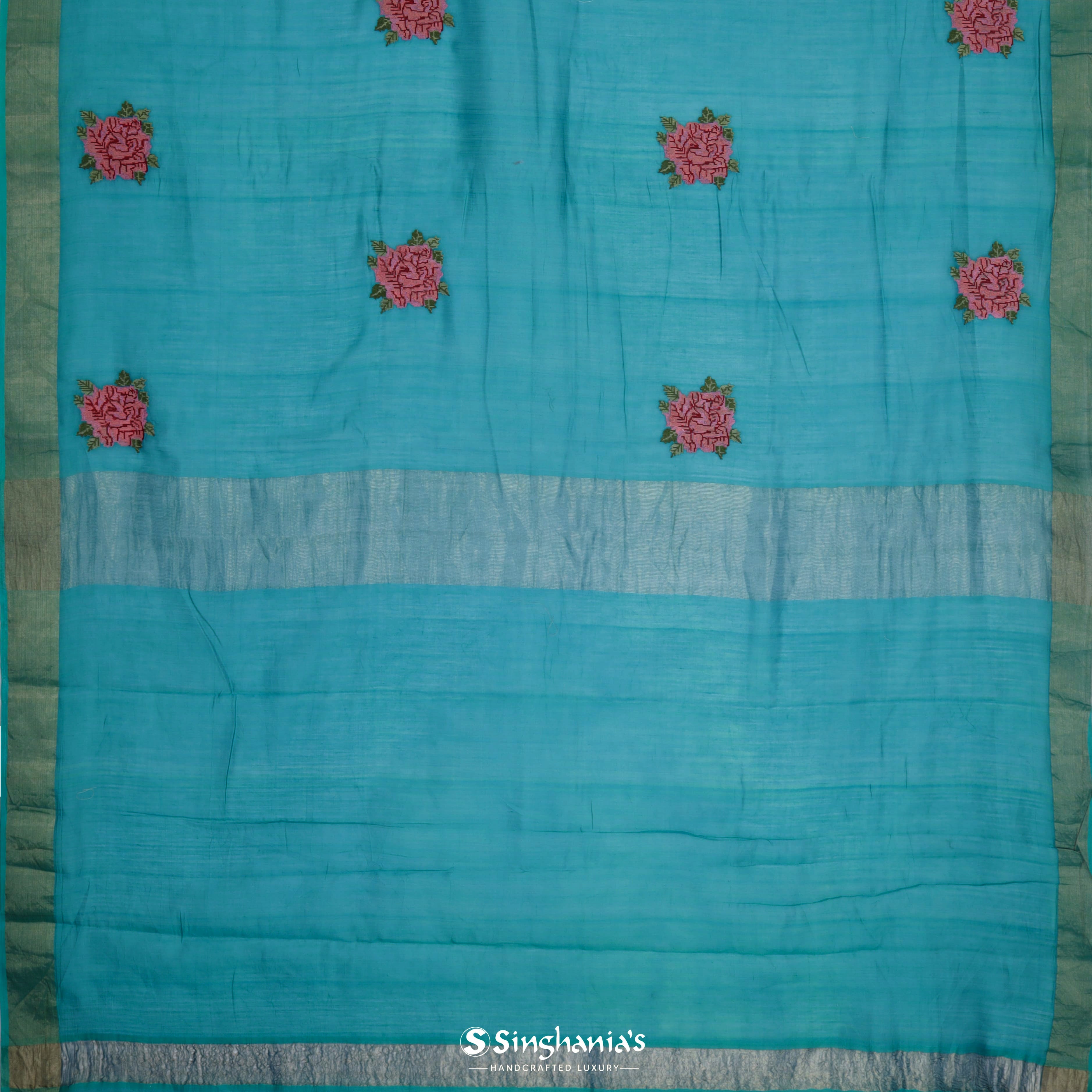 Teal Blue Chanderi Banarasi Saree With Tiny Floral Buttis