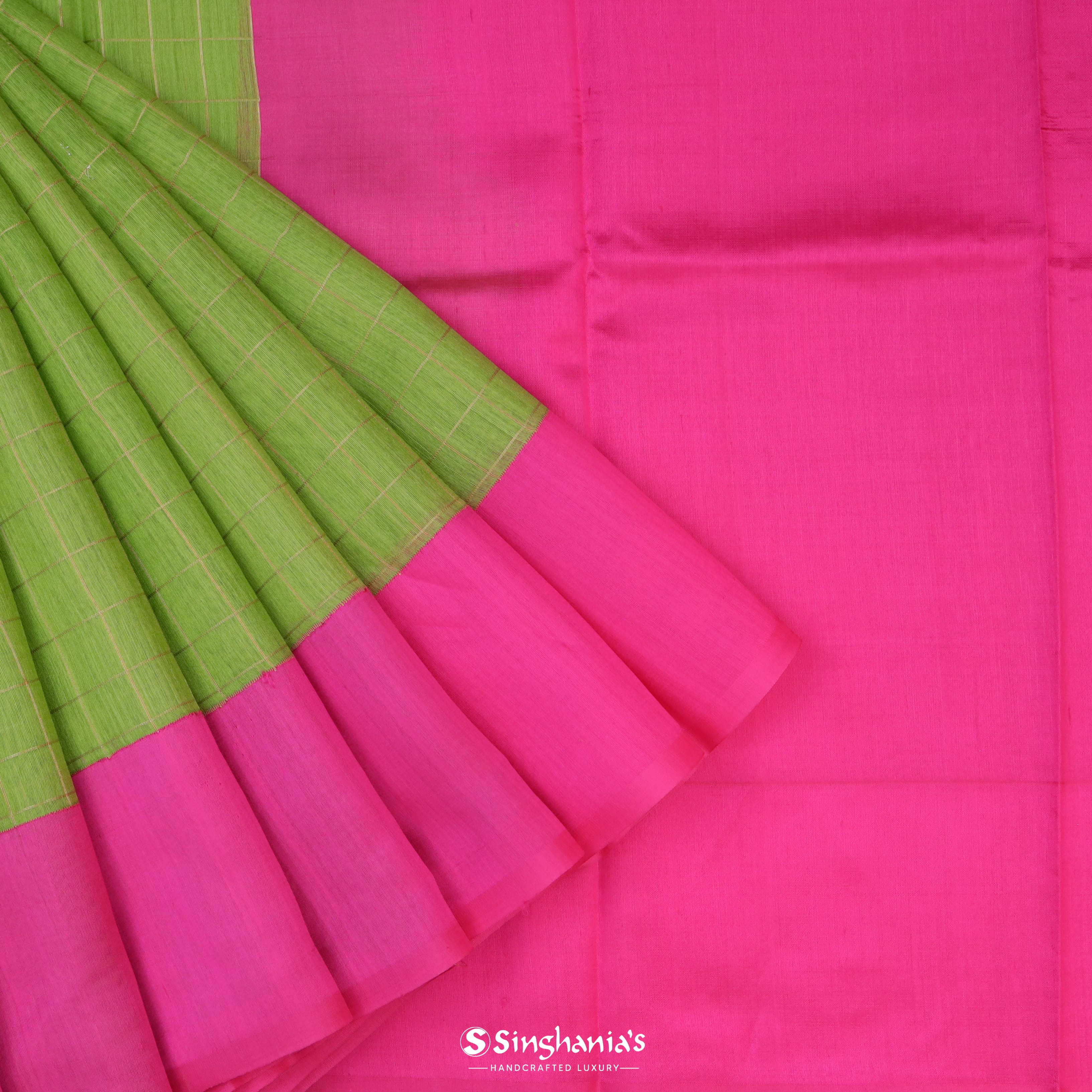 Pastel Tea Green Matka Printed Saree With Checks Pattern