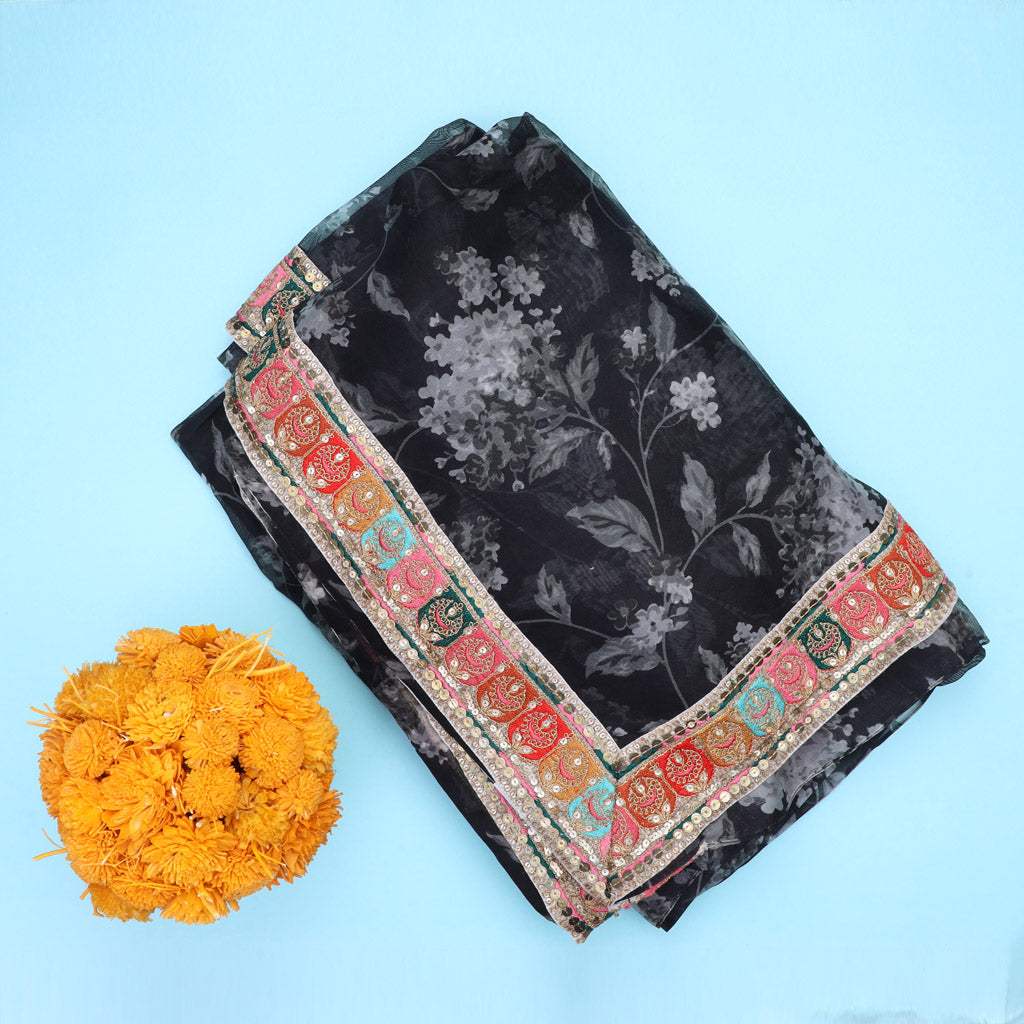 Matte Black Embroidery Organza Saree With Floral Print - Singhania's