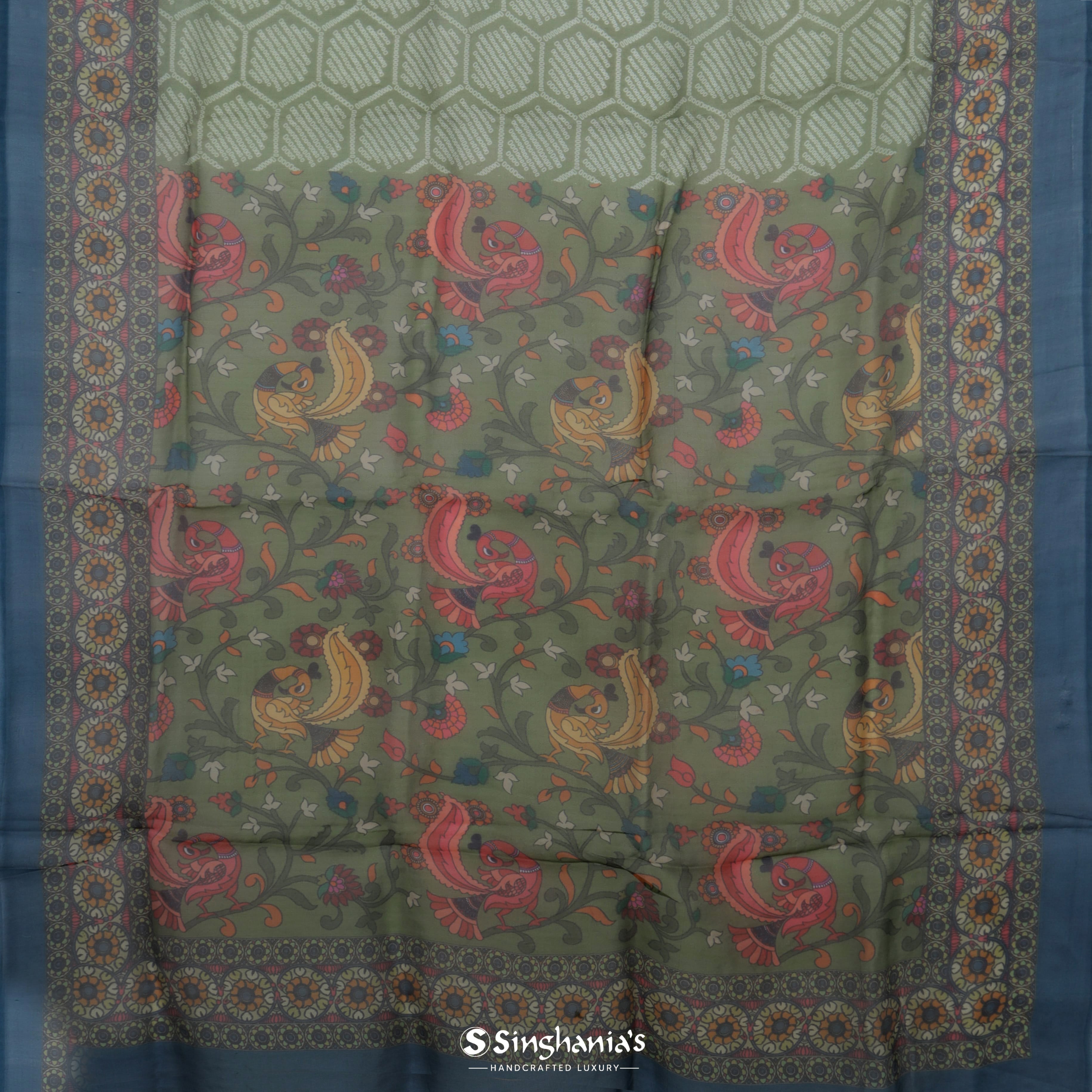 Basil Green Organza Printed Saree With Geometrical Pattern