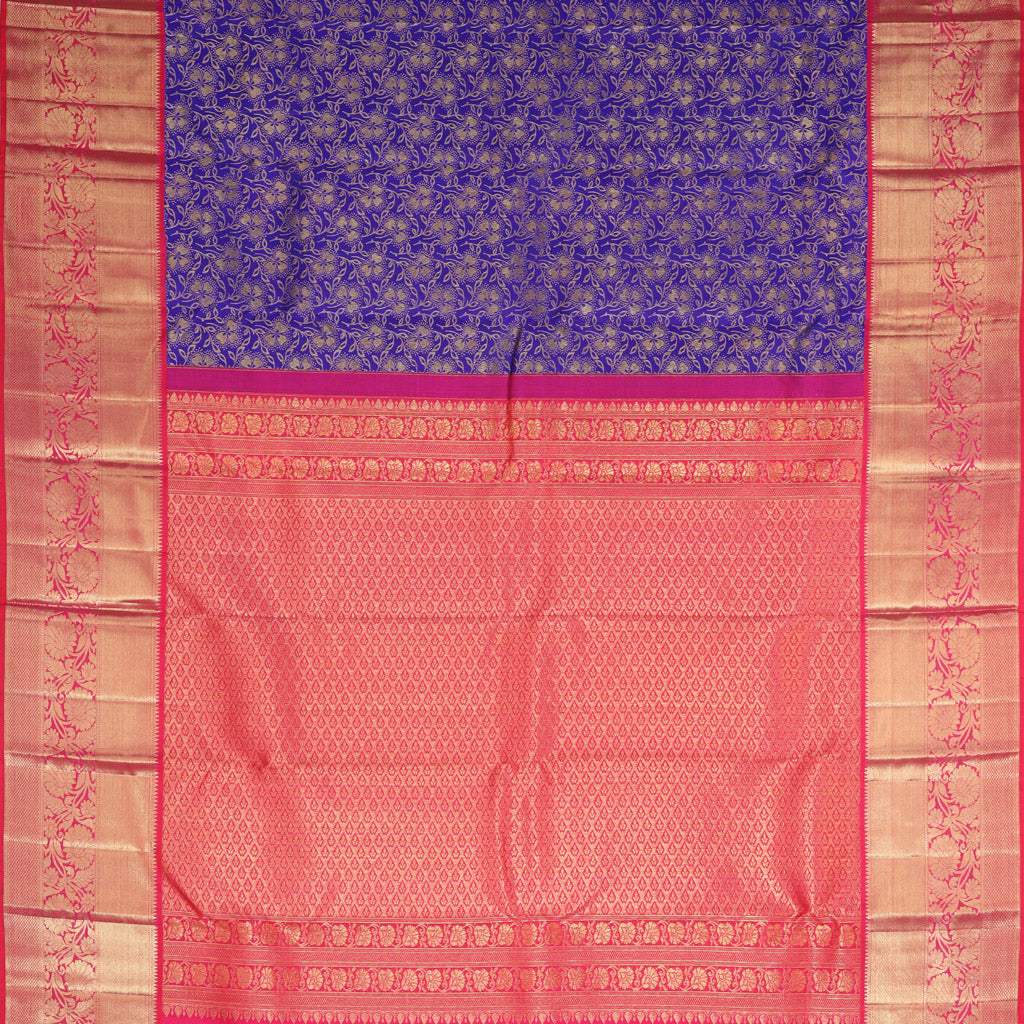 Dark Blue Kanjivaram Silk Handloom Saree With Leaf Pattern - Singhania's