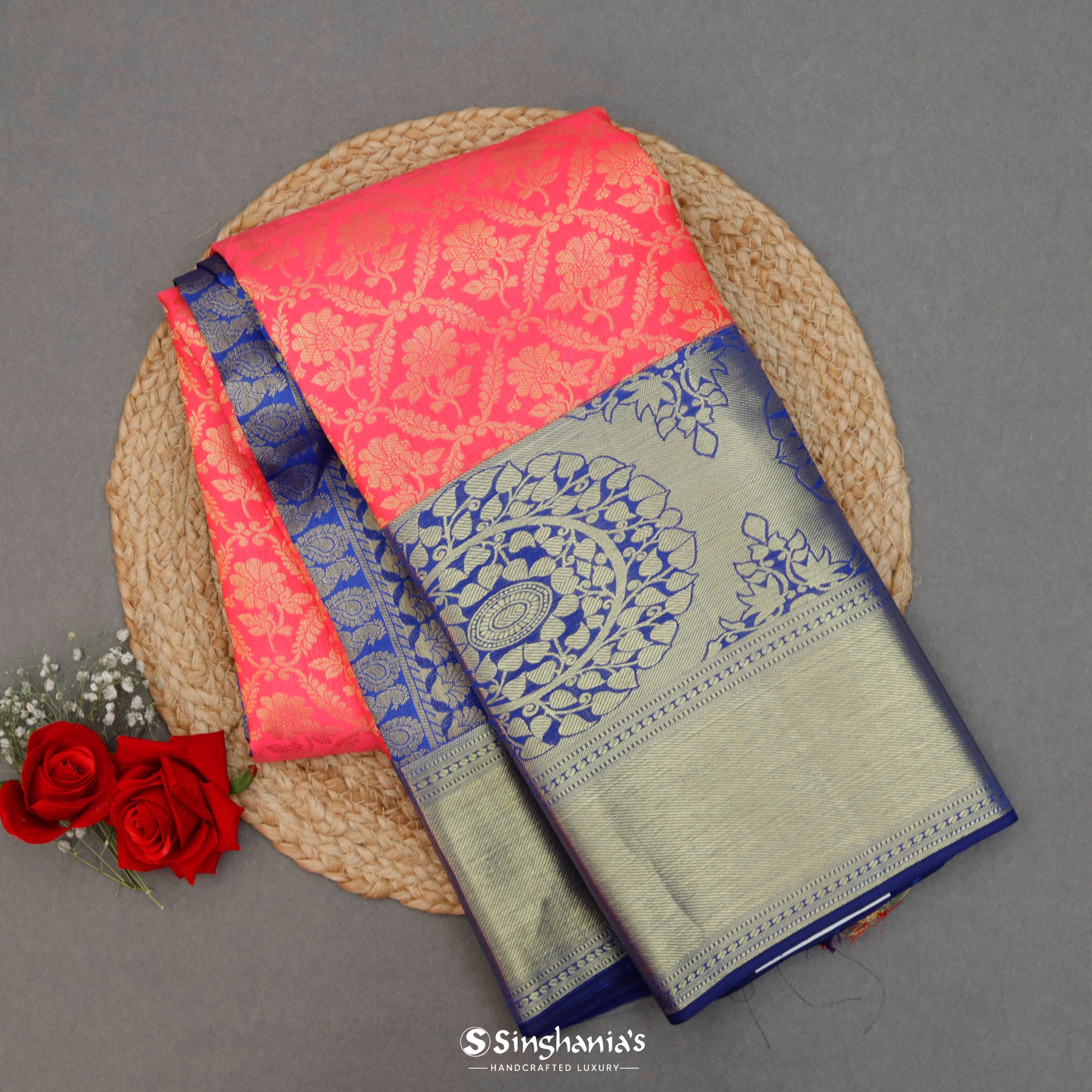 Brink Pink Silk Kanjivaram Saree With Floral Pattern