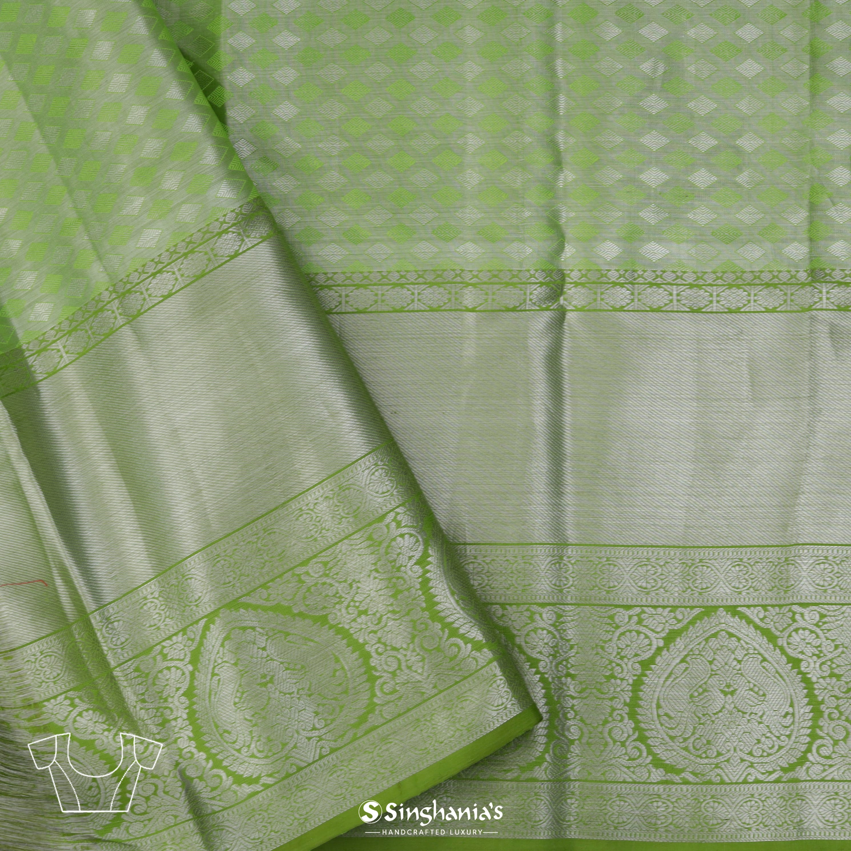 Pastel Green Silk Kanjivaram Saree With Floral Creeper Pattern