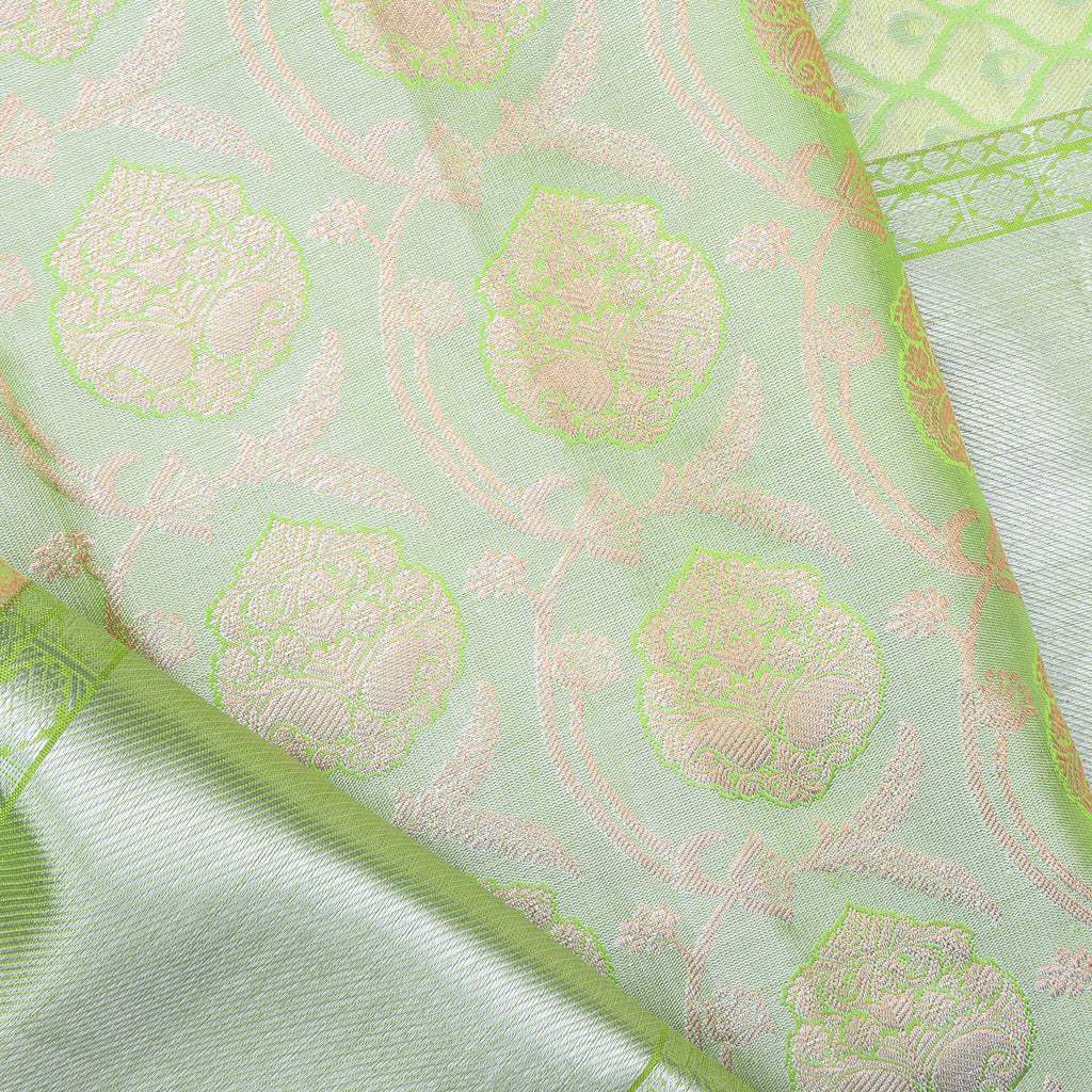 Light Green Tissue Kanjivaram Silk Handloom Saree With Floral Motifs. - Singhania's