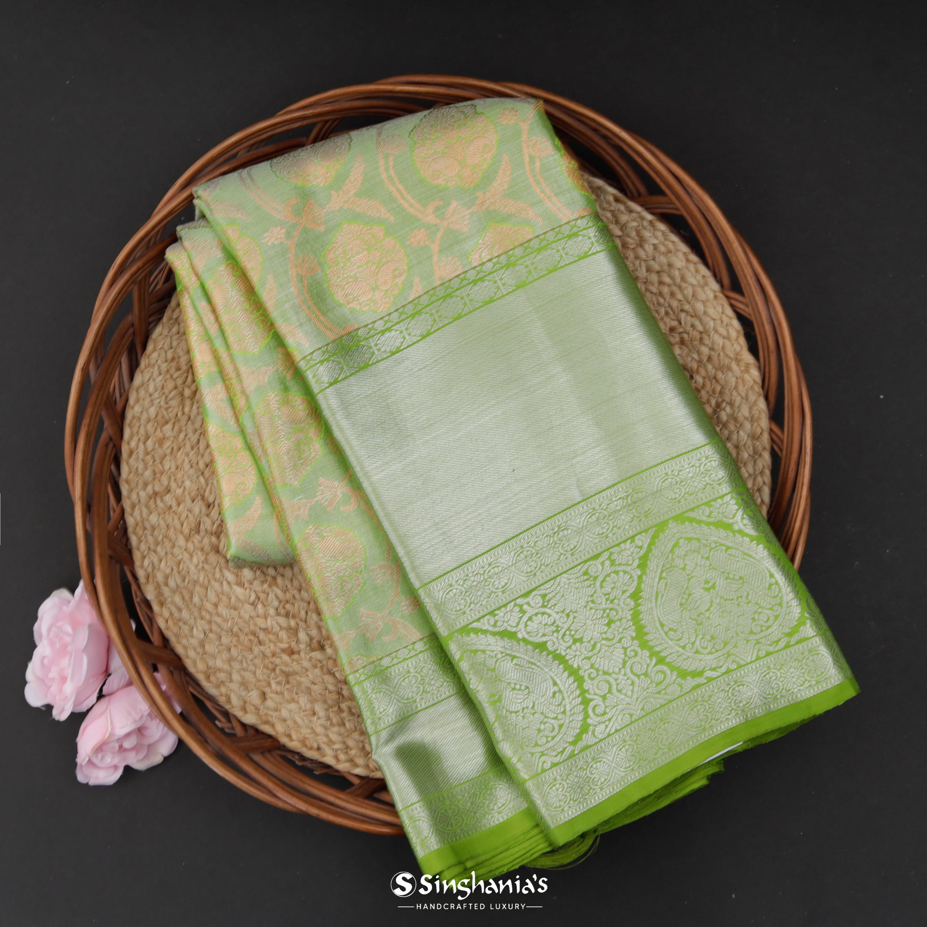 Pastel Green Silk Kanjivaram Saree With Floral Creeper Pattern