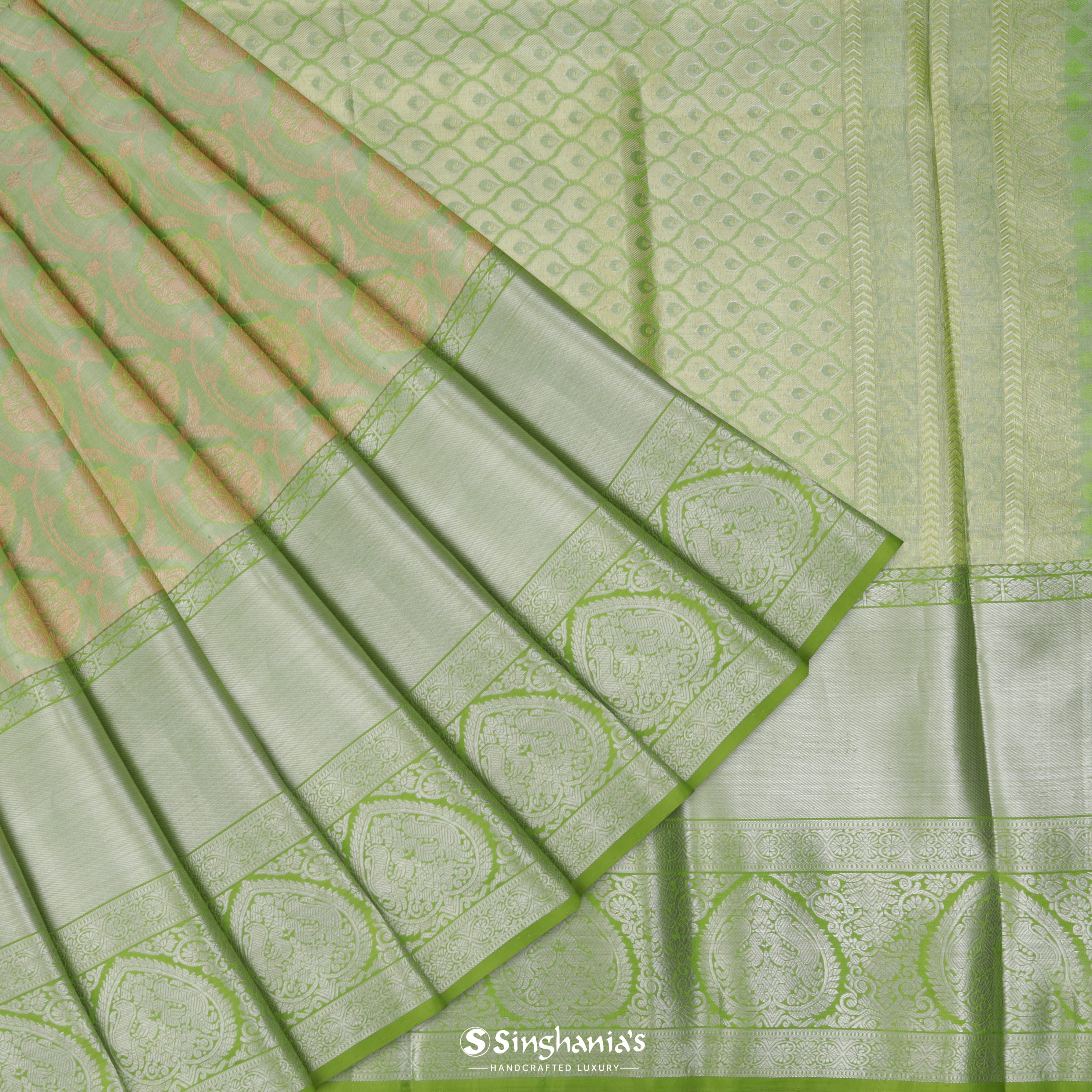 Pastel Green Silk Kanjivaram Saree With Floral Creeper Pattern