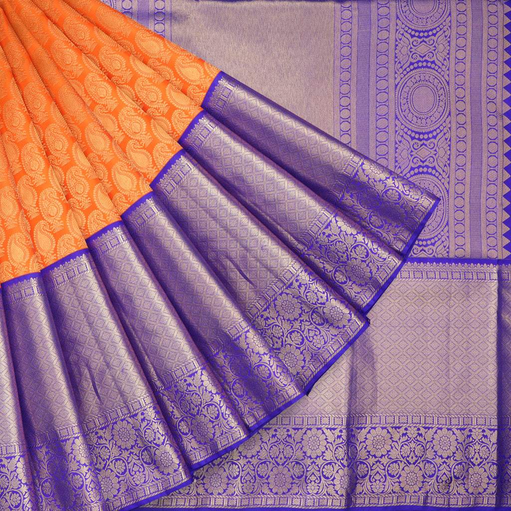 Dark Fire Orange Kanjivaram Silk Handloom Saree - Singhania's