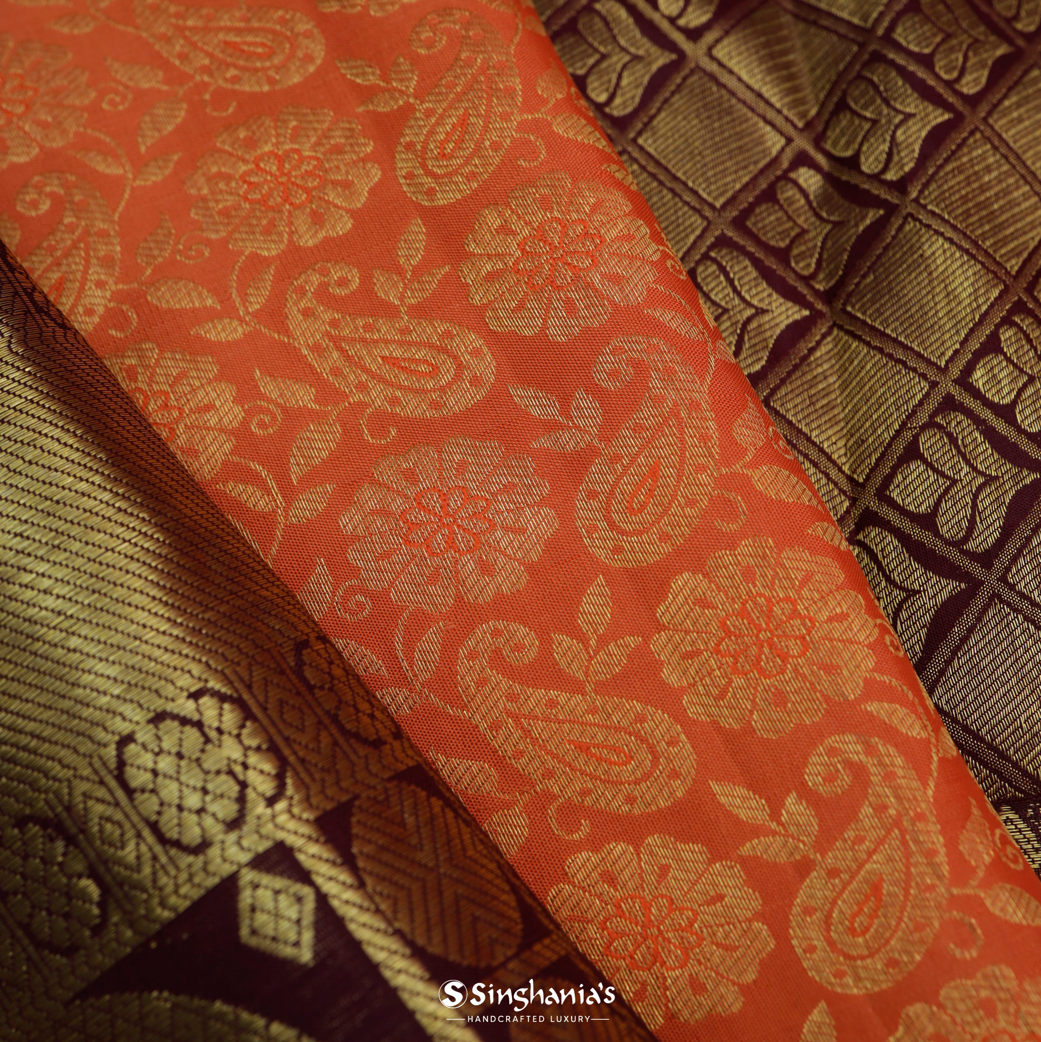 Tiger Orange Silk Kanjivaram Saree With Floral Jaal Pattern