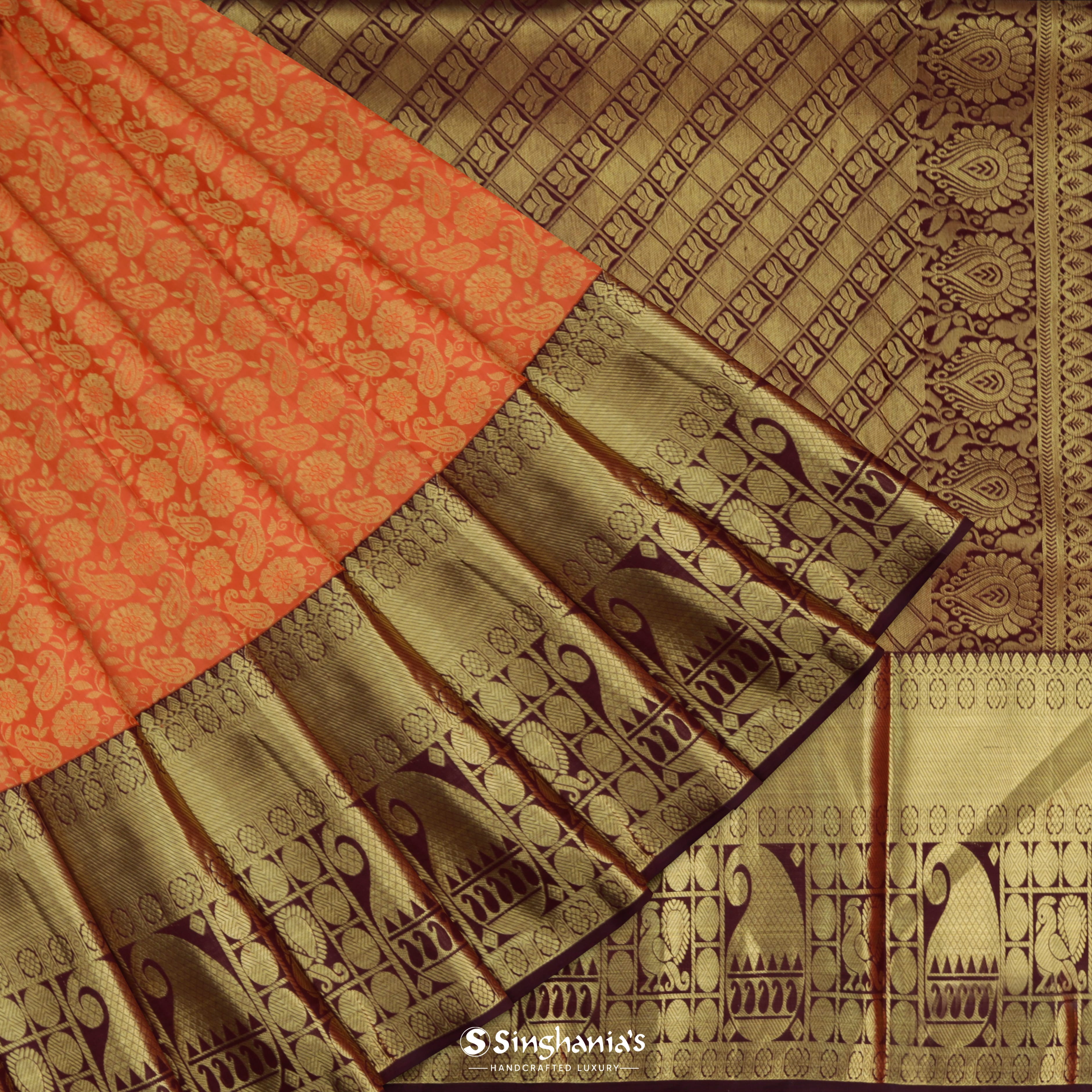 Tiger Orange Silk Kanjivaram Saree With Floral Jaal Pattern