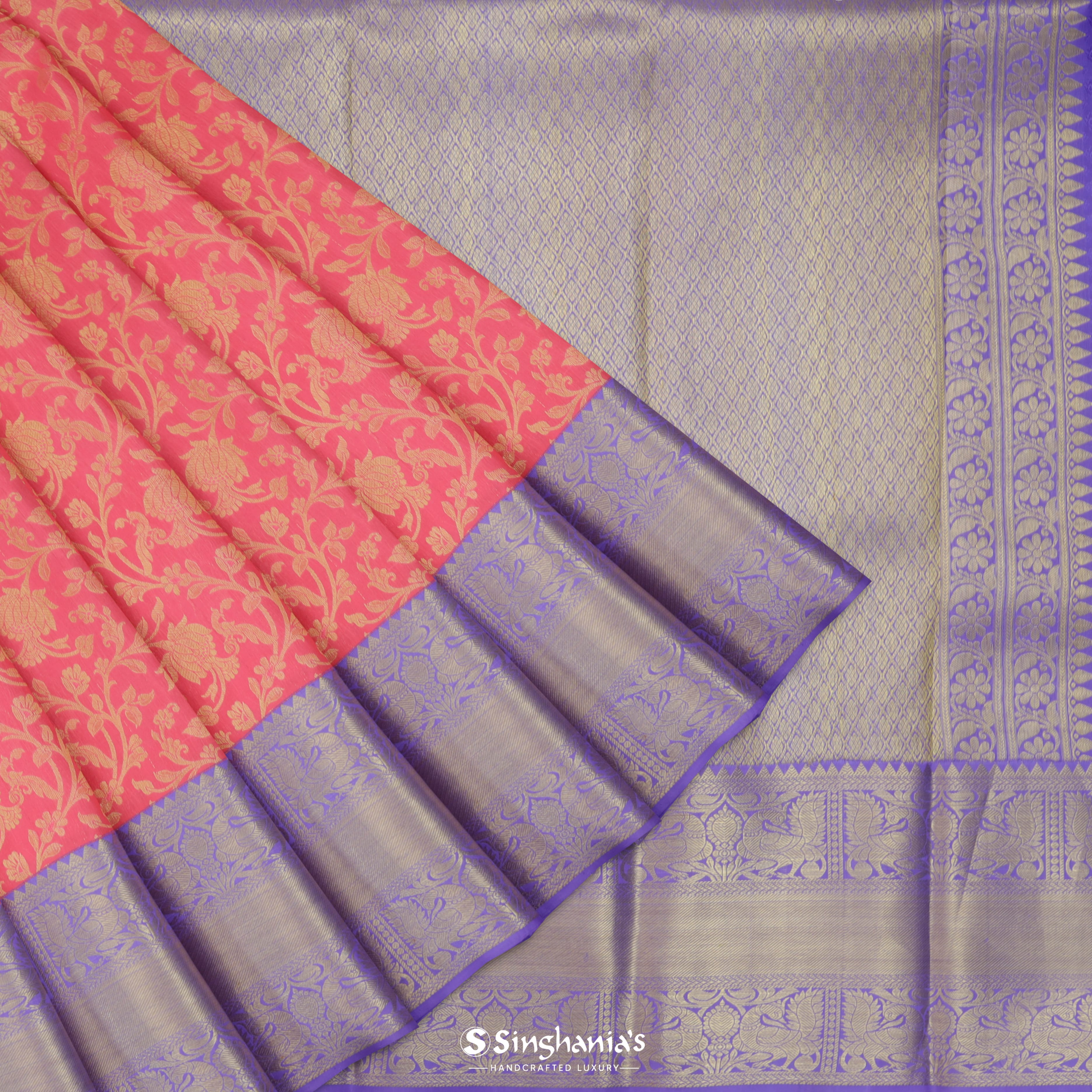 Brink Pink Silk Kanjivaram Saree With Floral Jaal Design