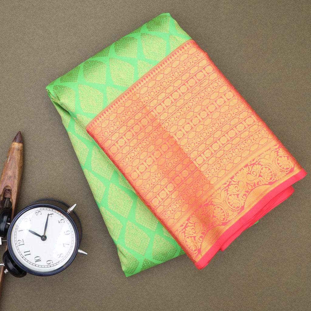 Light Green Korvai Kanjivaram Silk Handloom Saree With Floral Buttas - Singhania's