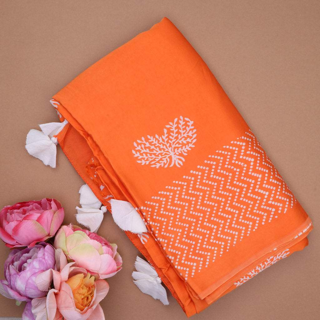 Tangerine Orange Printed Satin Silk Saree - Singhania's