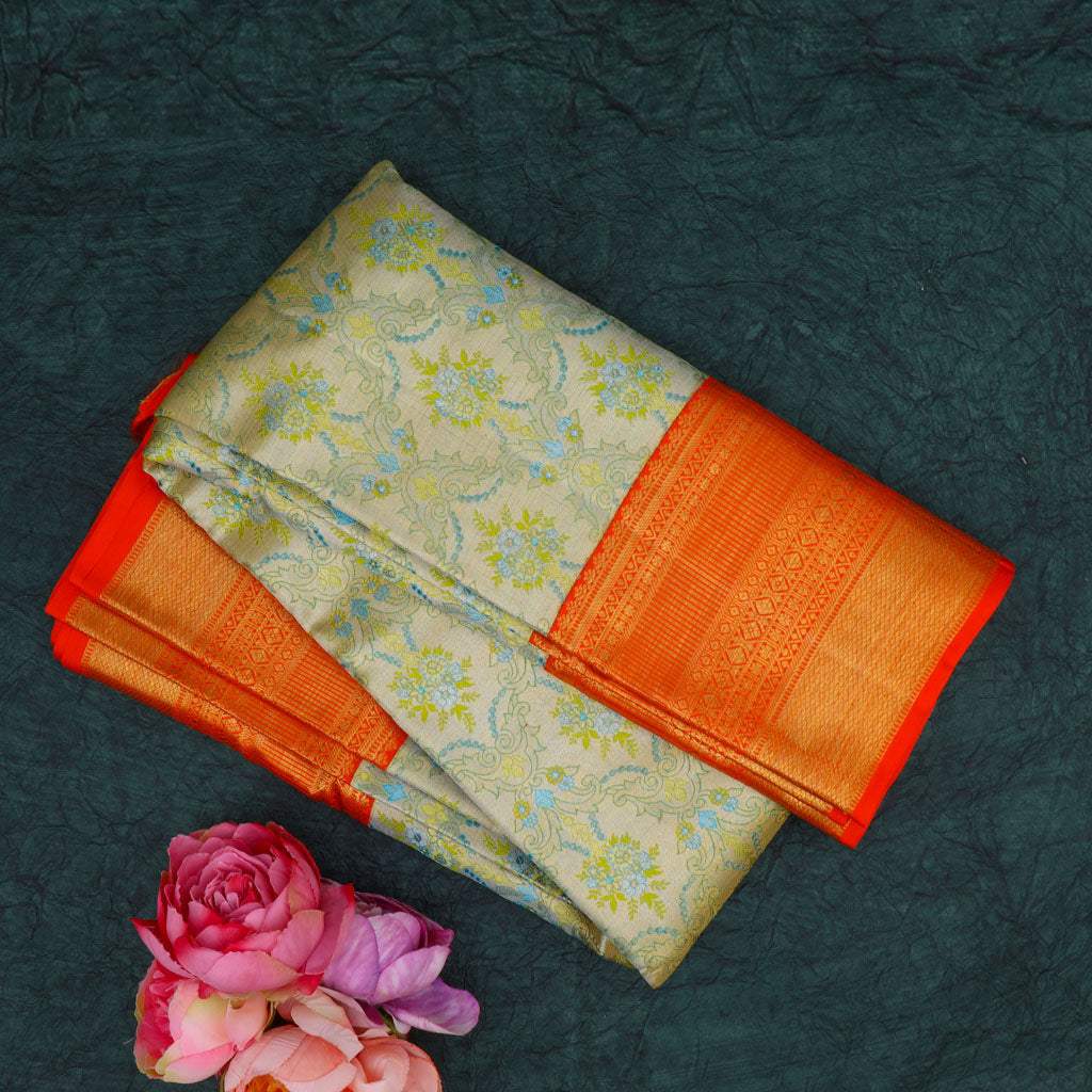 Pastel Pista Green Tissue Korvai Kanjivaram Silk Handloom Saree - Singhania's