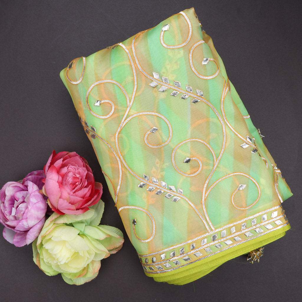 Light Pastel Green Printed Organza Saree With Gota Patti - Singhania's