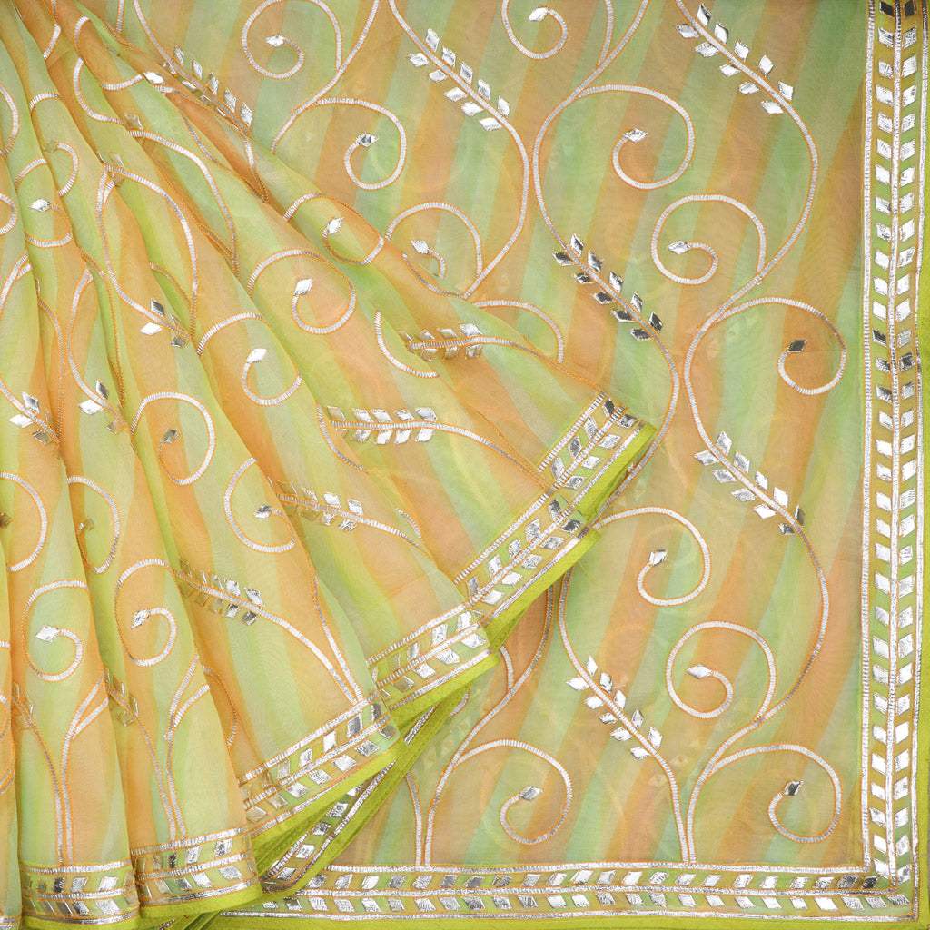 Light Pastel Green Printed Organza Saree With Gota Patti - Singhania's