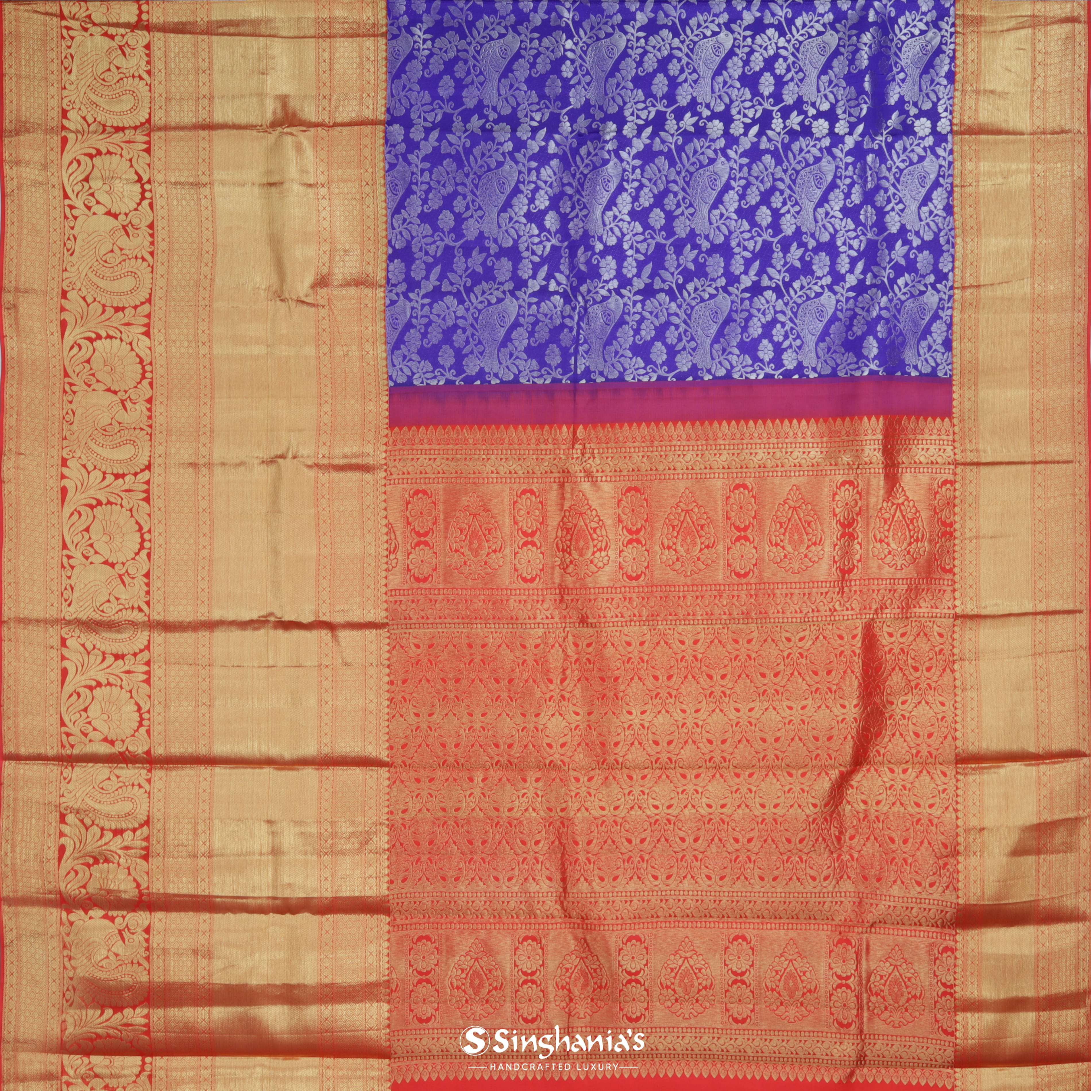 Picotee Blue Silk Kanjivaram Saree With Nature Inspired Motif Pattern