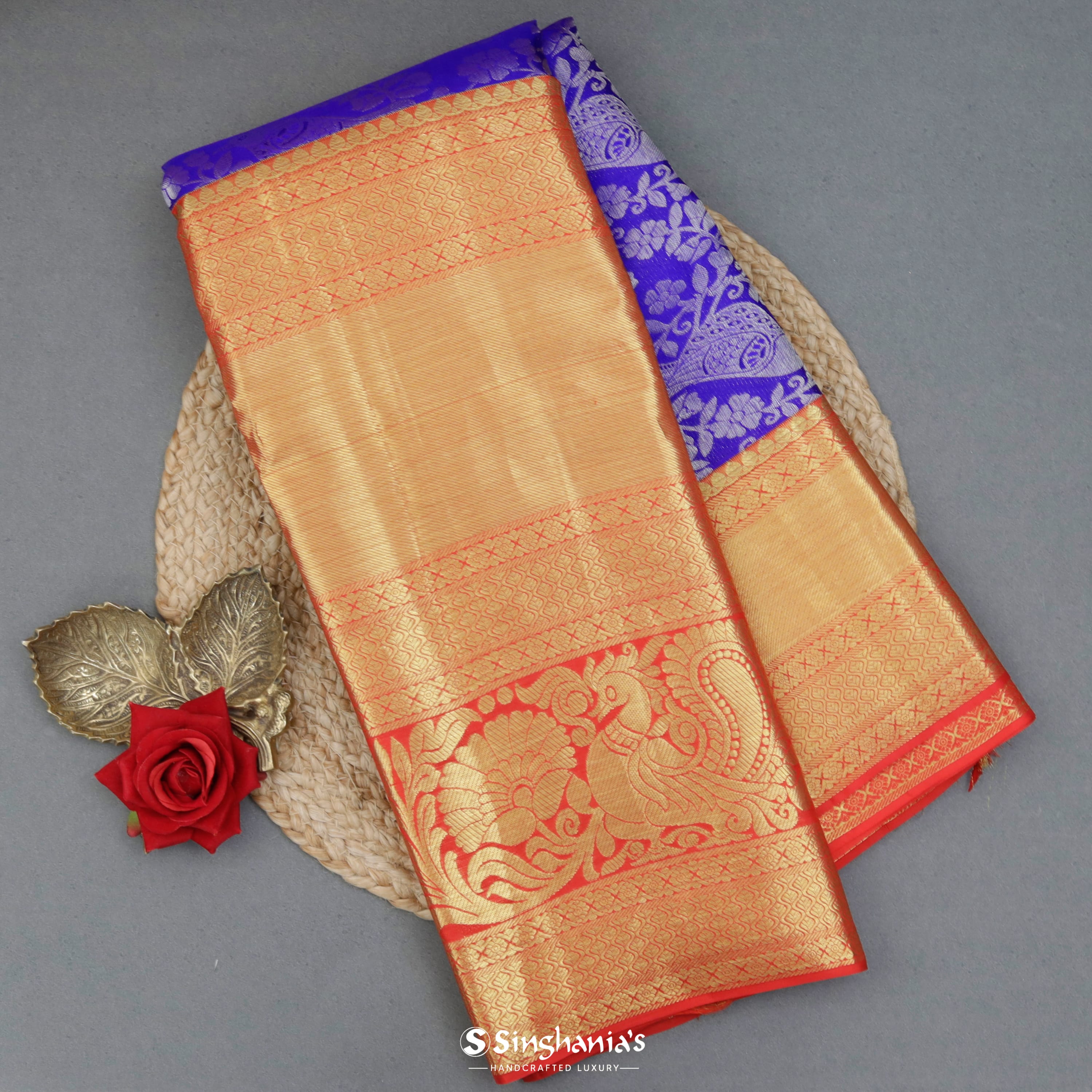 Picotee Blue Silk Kanjivaram Saree With Nature Inspired Motif Pattern
