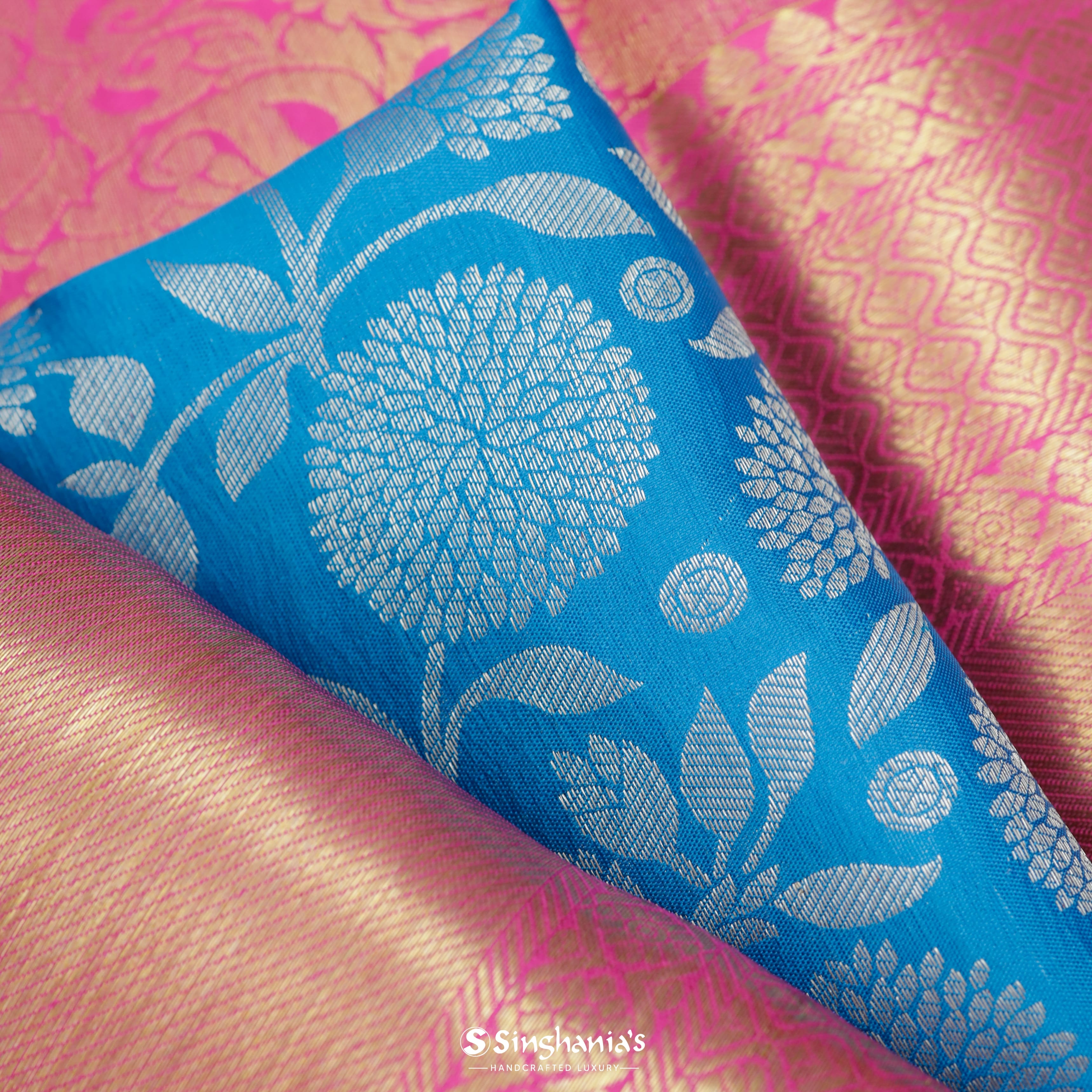 Cyan Blue Silk Kanjivaram Saree With Floral Jaal Design