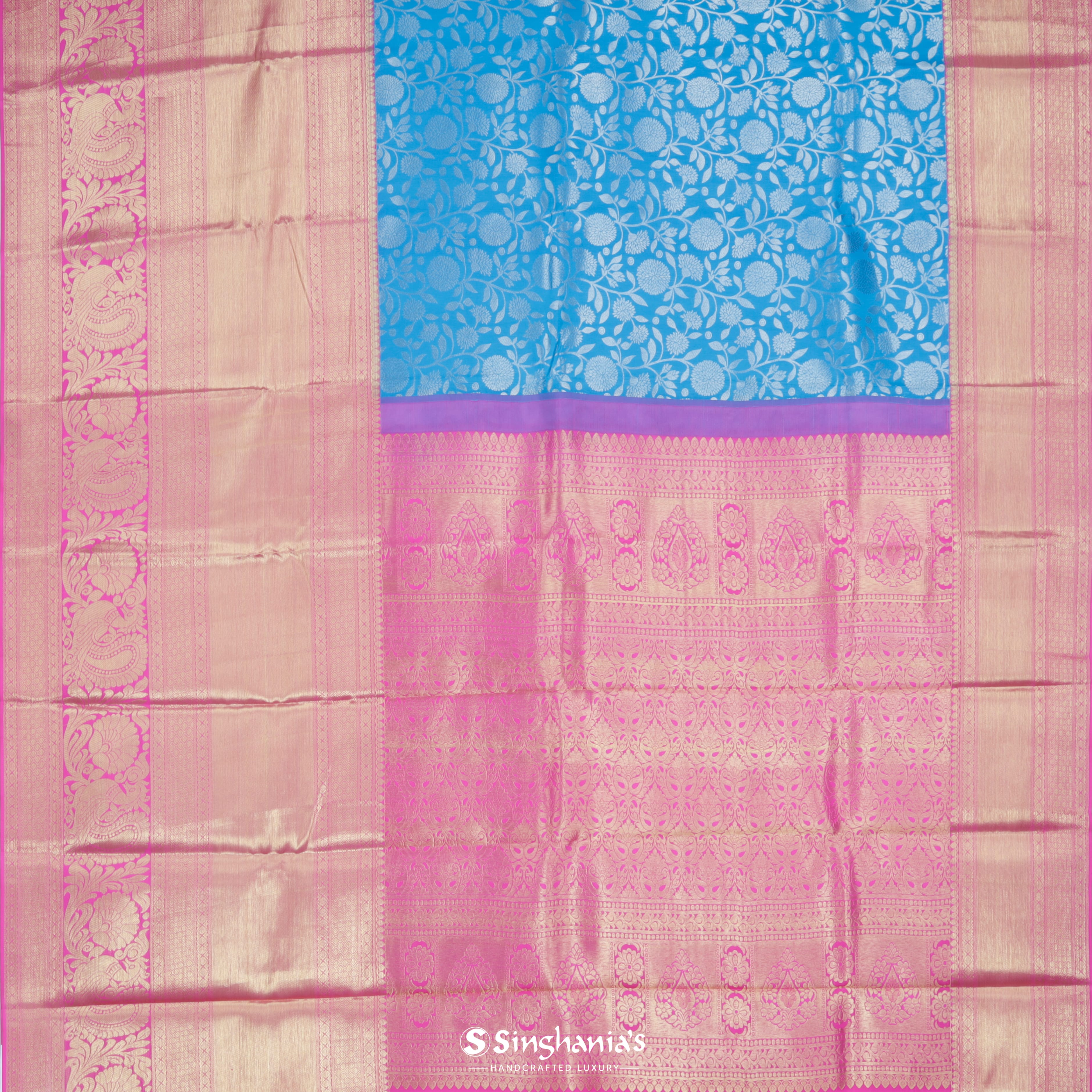 Cyan Blue Silk Kanjivaram Saree With Floral Jaal Design