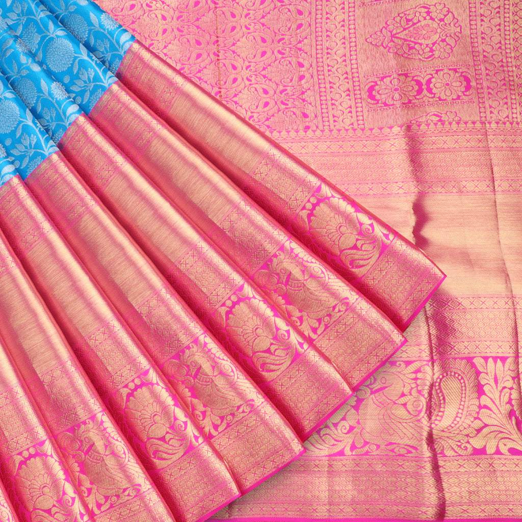 Cerulean Blue Kanjivaram Silk Saree With Jaal Design - Singhania's