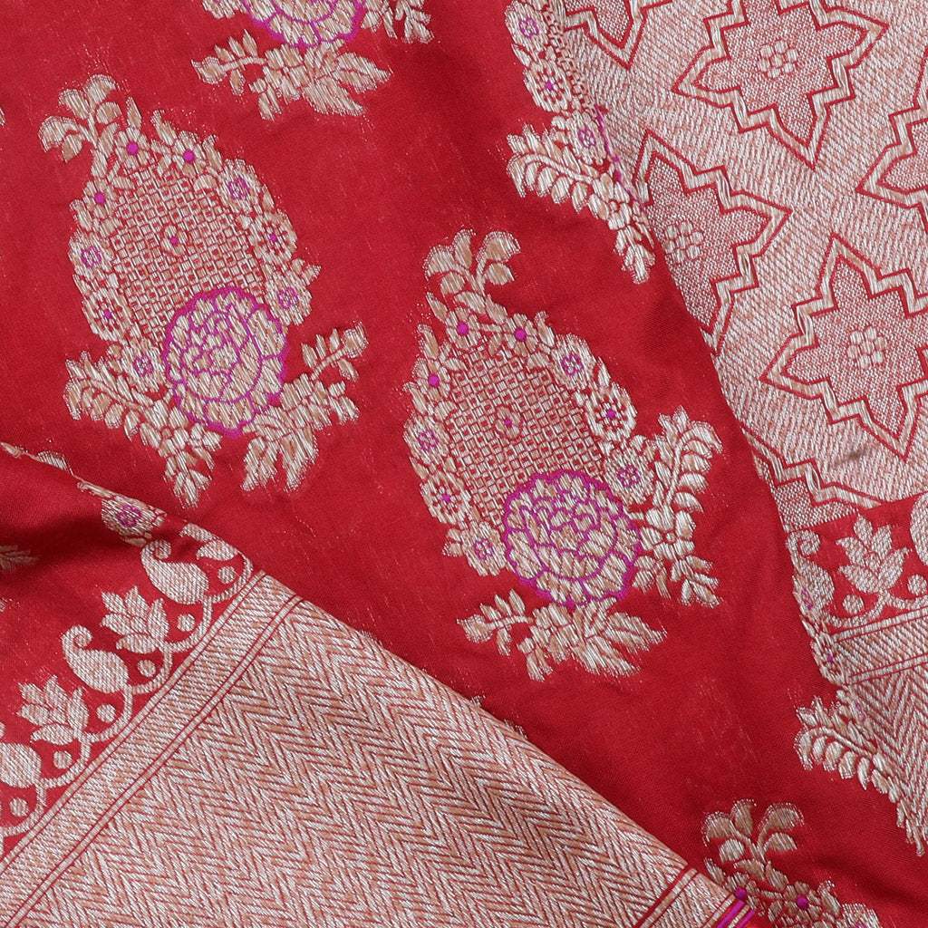 Red Banarasi Silk Handloom Saree With Floral Buttas - Singhania's