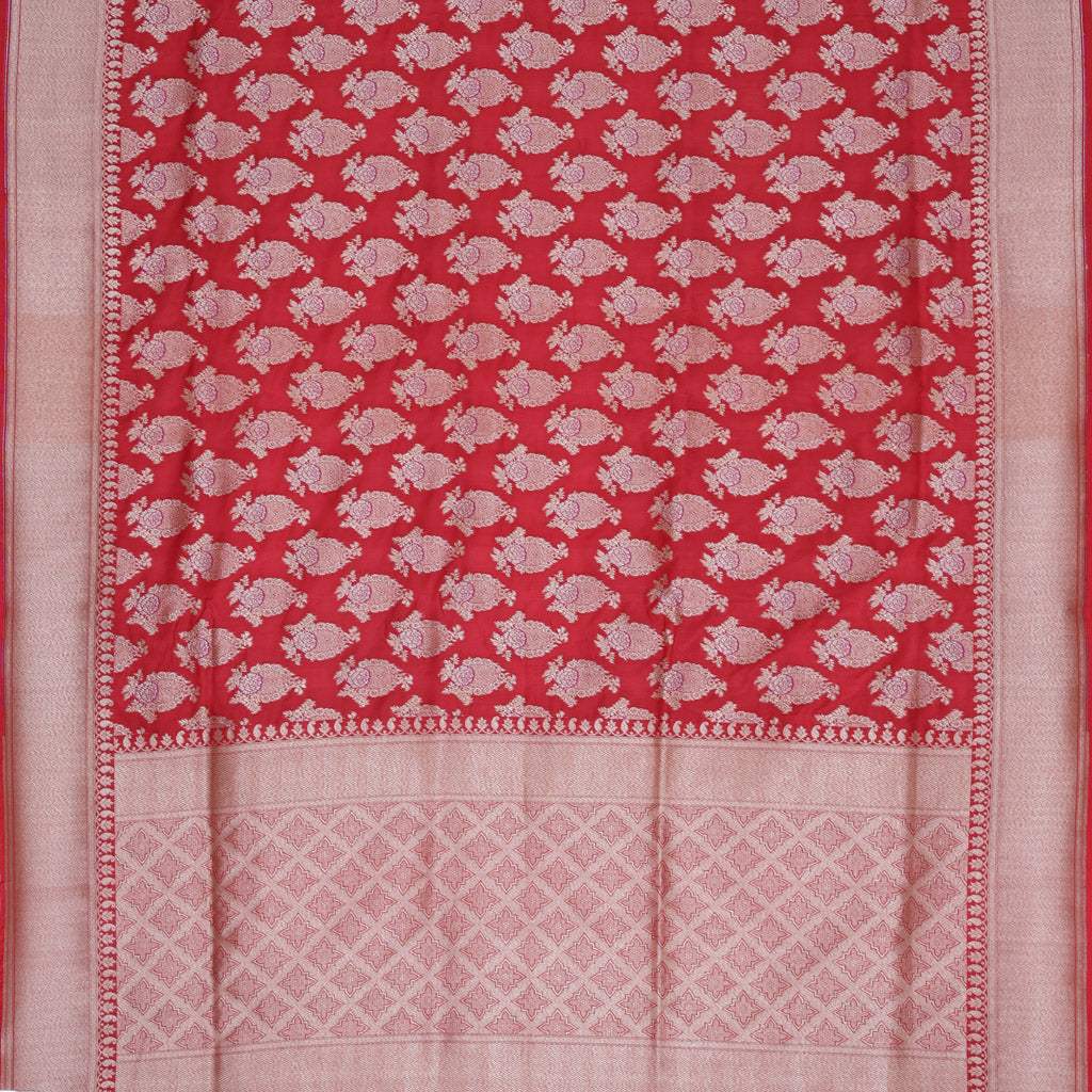 Red Banarasi Silk Handloom Saree With Floral Buttas - Singhania's