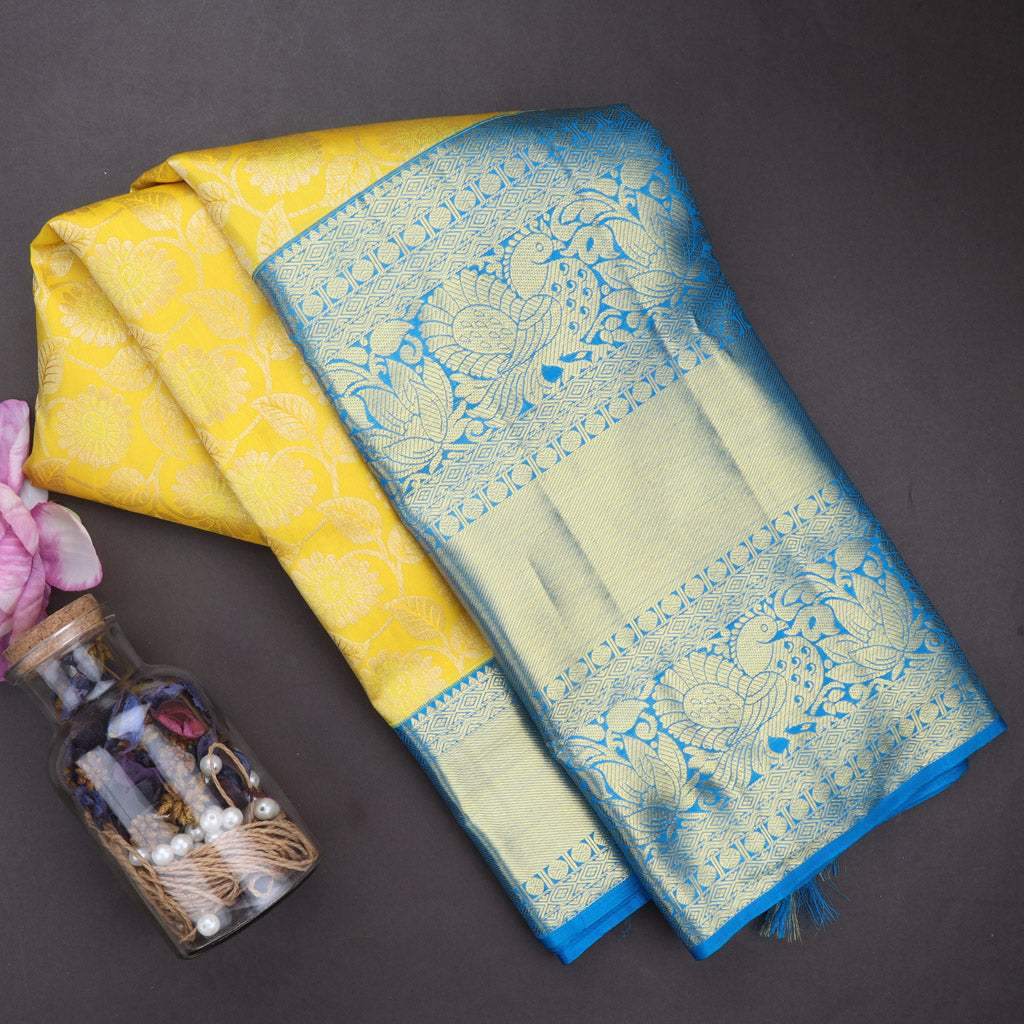 Lemon Yellow Kanjivaram Silk Saree With Jaal Design - Singhania's