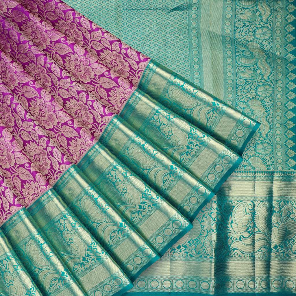 Magenta Pink Kanjivaram Silk Saree With Jaal Design - Singhania's