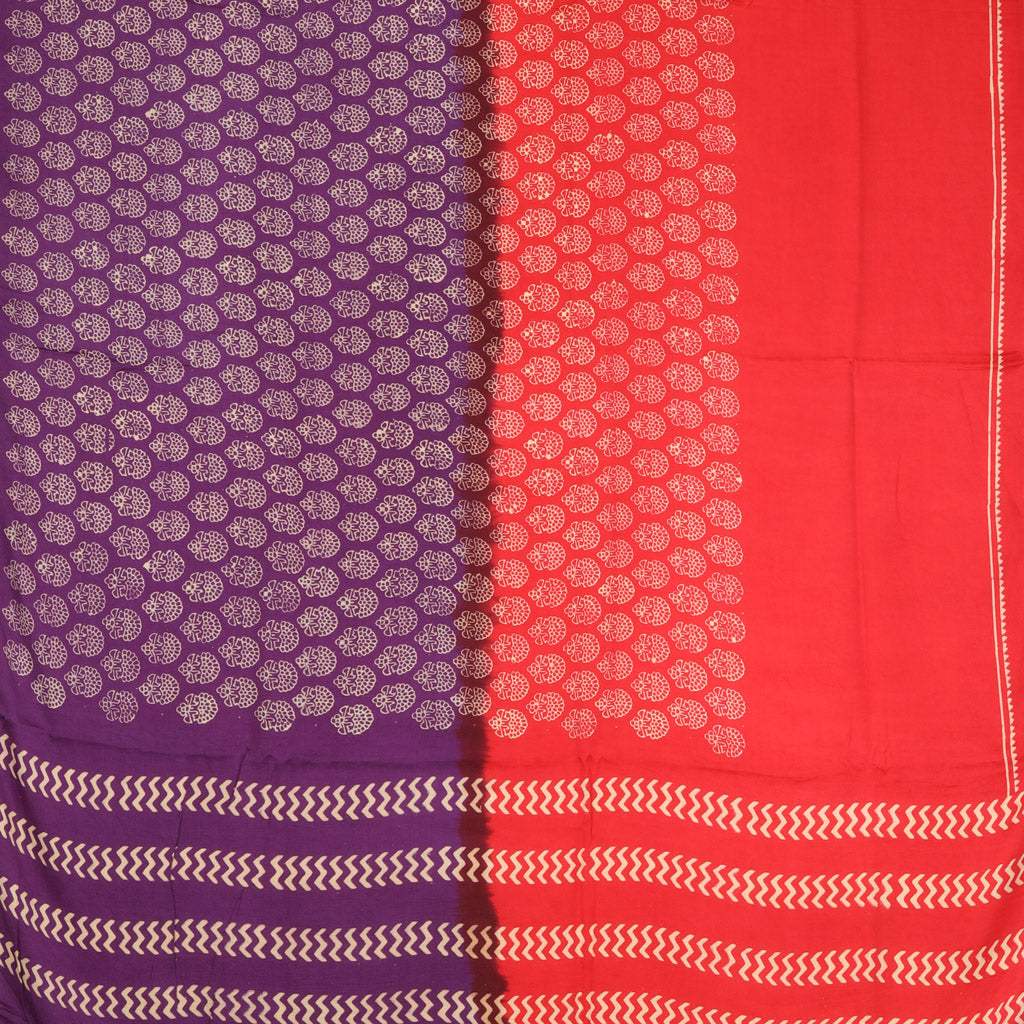 Violet And Brick Red Satin Printed Saree With Floral Pattern - Singhania's