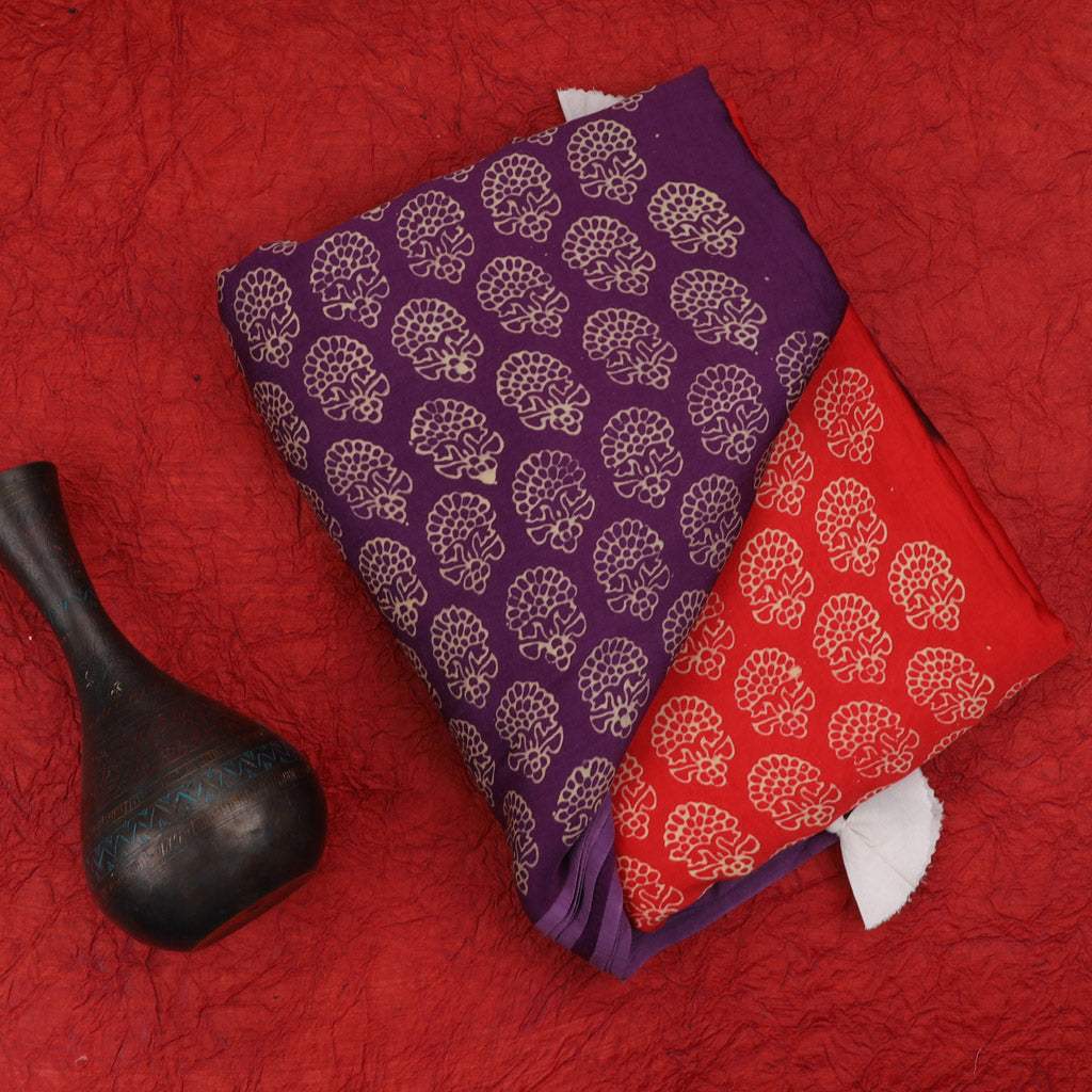 Violet And Brick Red Satin Printed Saree With Floral Pattern - Singhania's