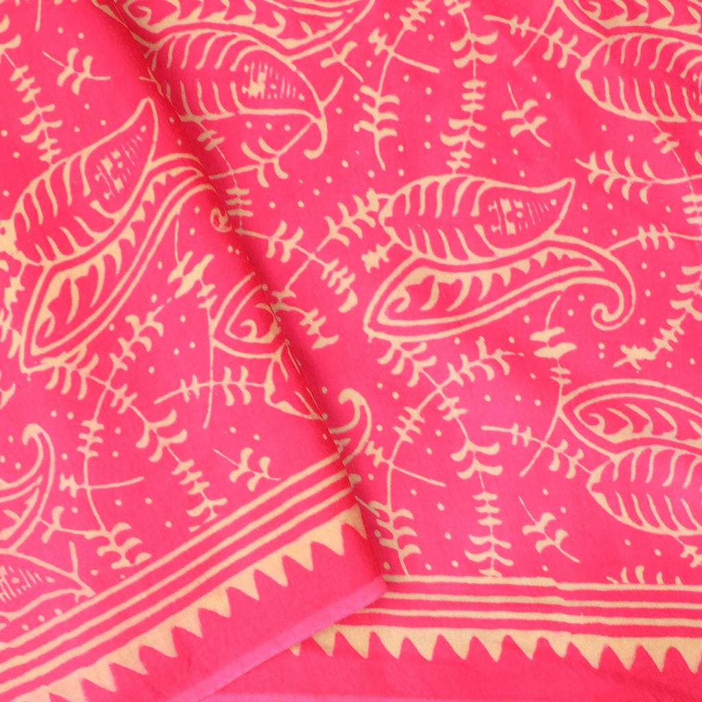 Yellow And Pink Satin Printed Saree With Leaf Pattern - Singhania's