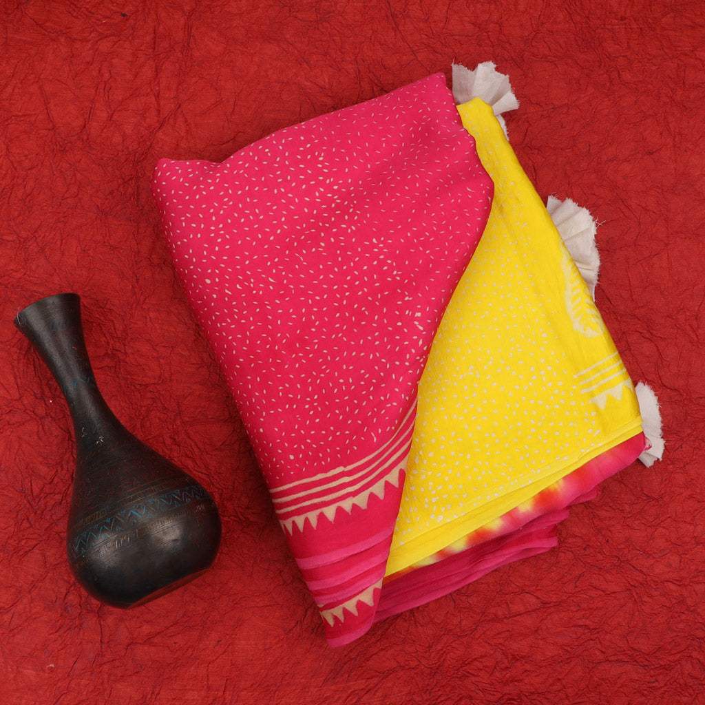 Yellow And Pink Satin Printed Saree With Leaf Pattern - Singhania's