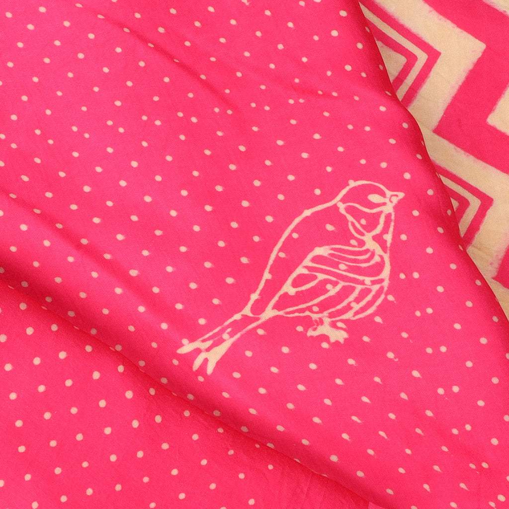 Yellow And Pink Satin Printed Saree With Bird Motif - Singhania's