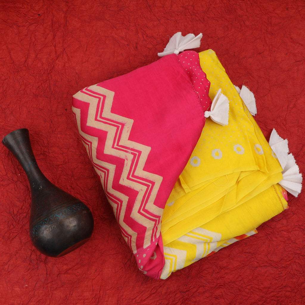 Yellow And Pink Satin Printed Saree With Bird Motif - Singhania's