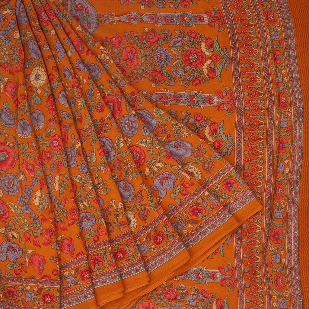 Orange Crepe Saree With Floral Print Motifs - Singhania's