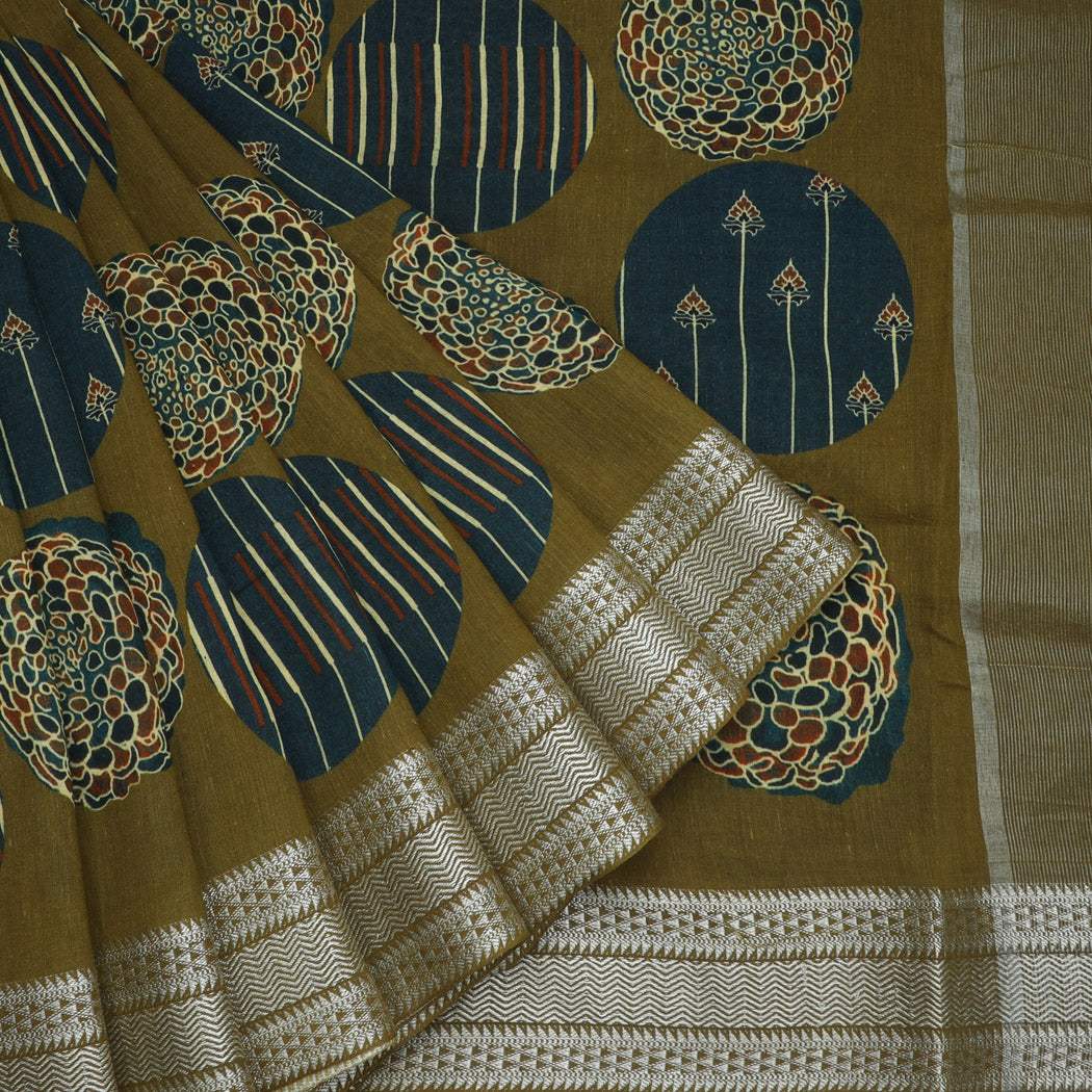 Dark Olive Green Printed Cotton Saree - Singhania's