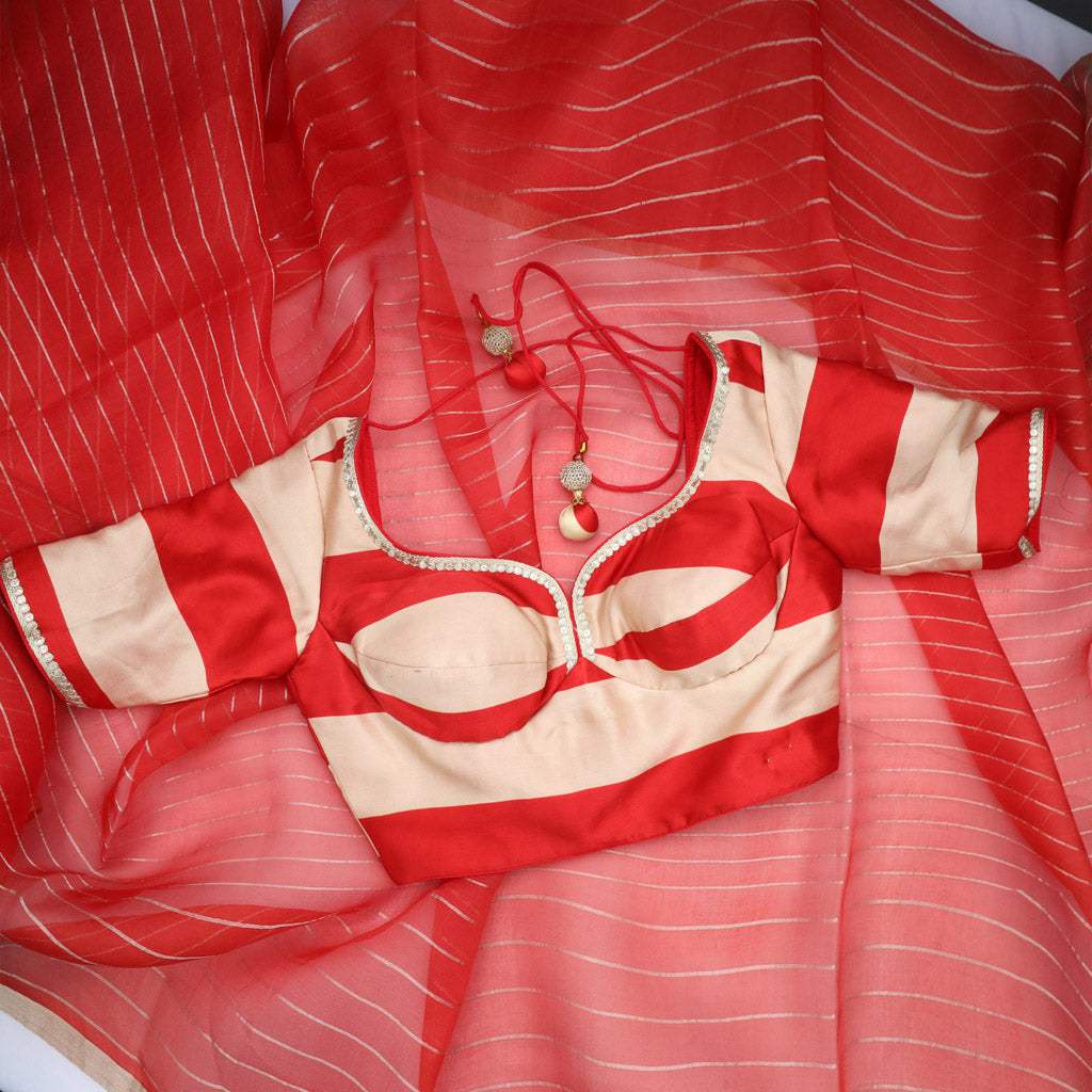 Red Organza Saree With Stripes Pattern - Singhania's