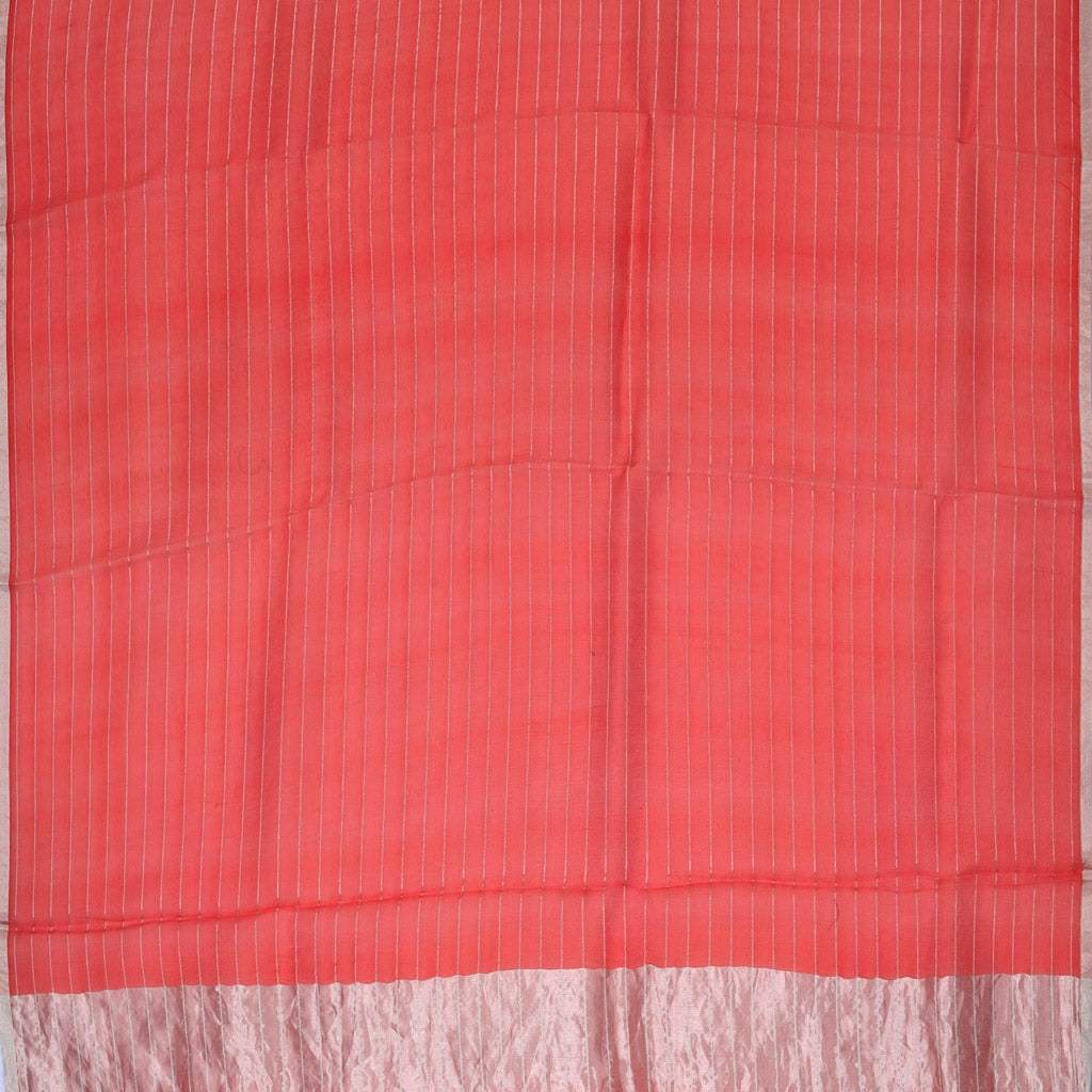 Red Organza Saree With Stripes Pattern - Singhania's