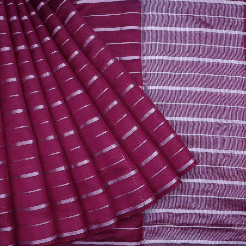 Magenta Pink Silk Saree With Silver Stripes Pattern - Singhania's