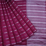 Magenta Pink Silk Saree With Silver Stripes Pattern - Singhania's