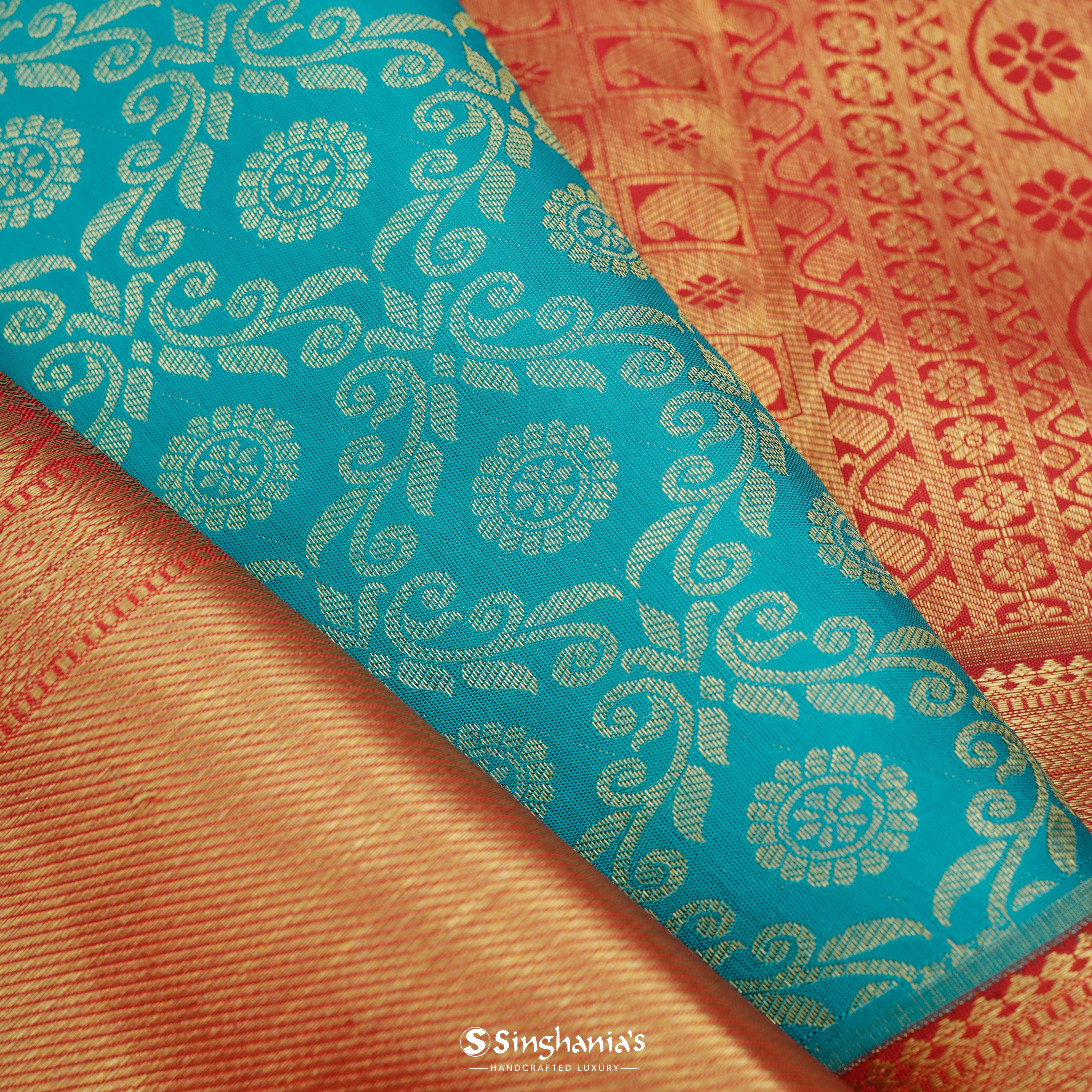 Pacific Blue Silk Kanjivaram Saree With Floral Jaal Pattern