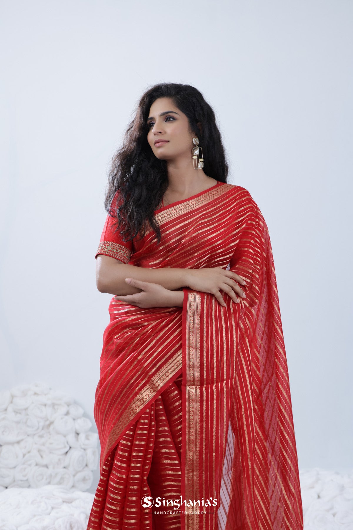 Persian Red Designer Organza Saree With Embroidered Border