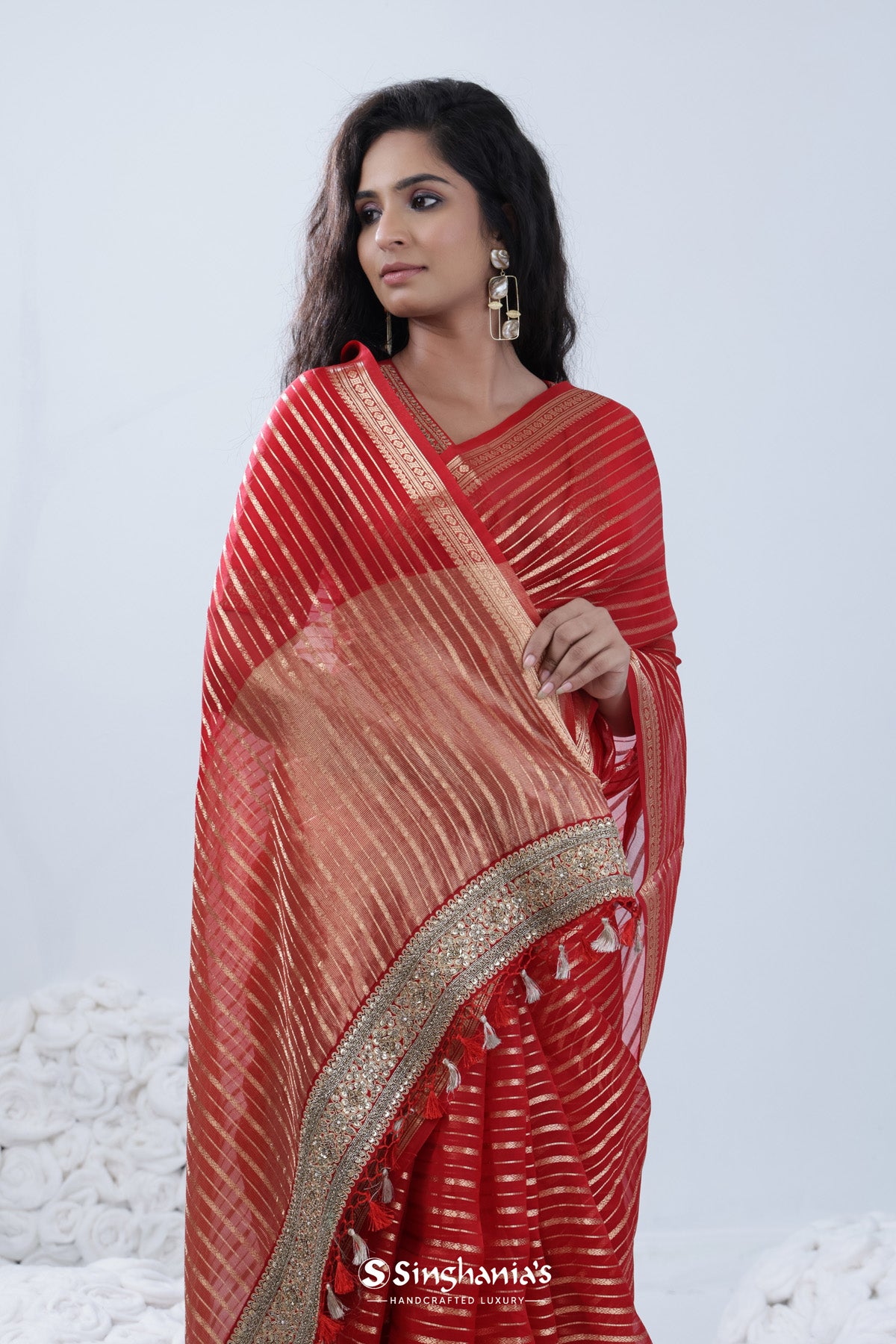 Persian Red Designer Organza Saree With Embroidered Border