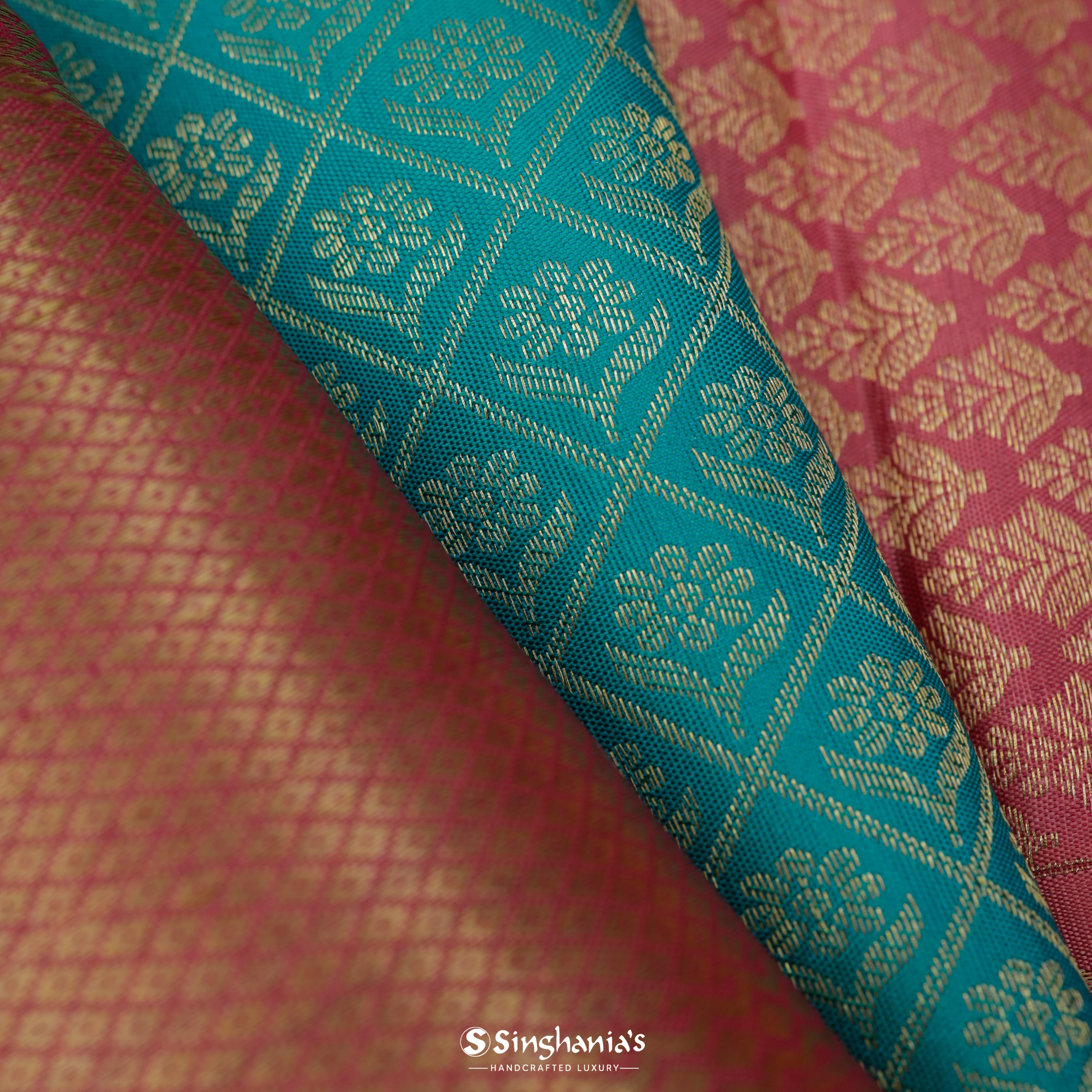 Cyan Green Silk Kanjivaram Saree With Floral Buttas