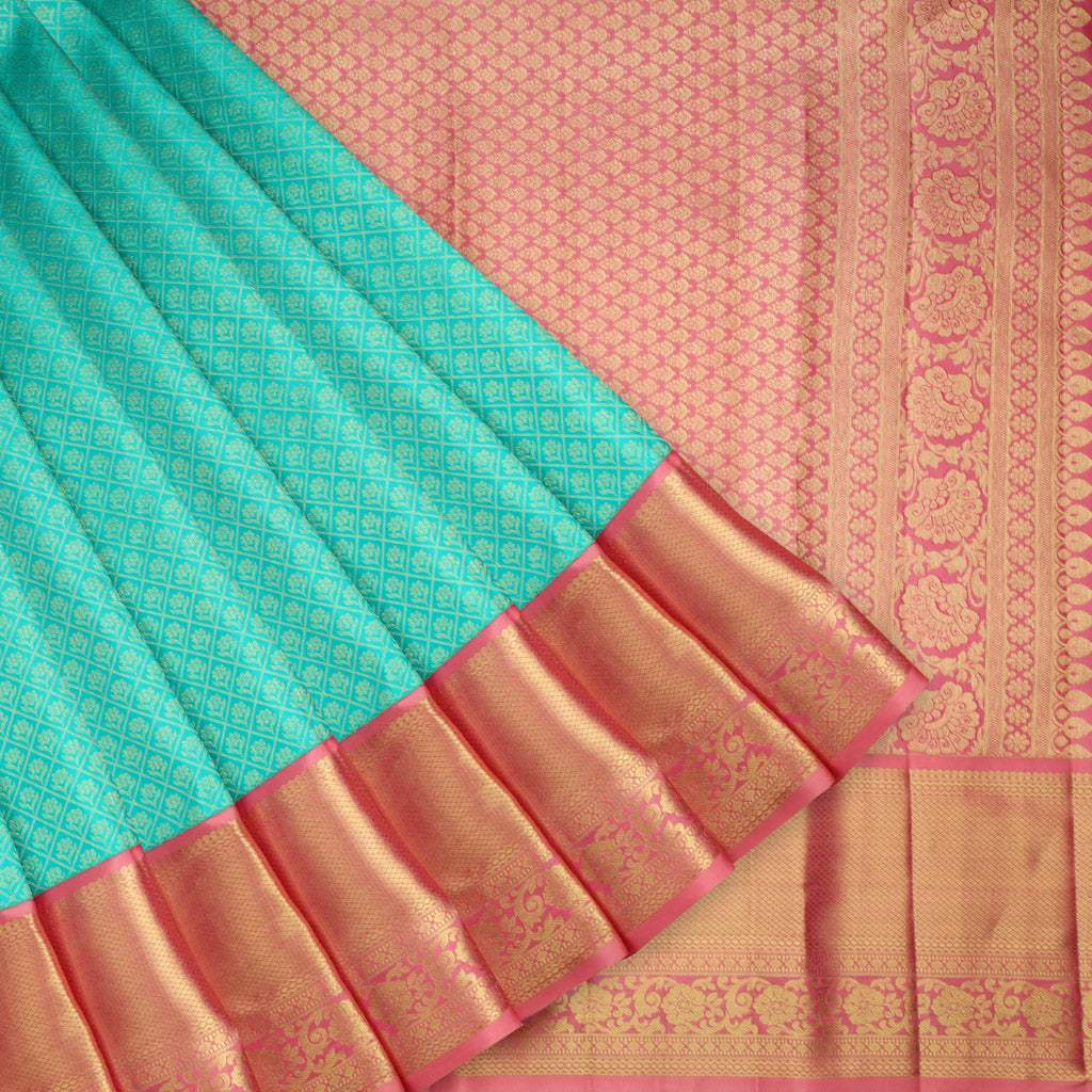 Turquoise Blue Kanjivaram Silk Saree With Floral Buttis - Singhania's