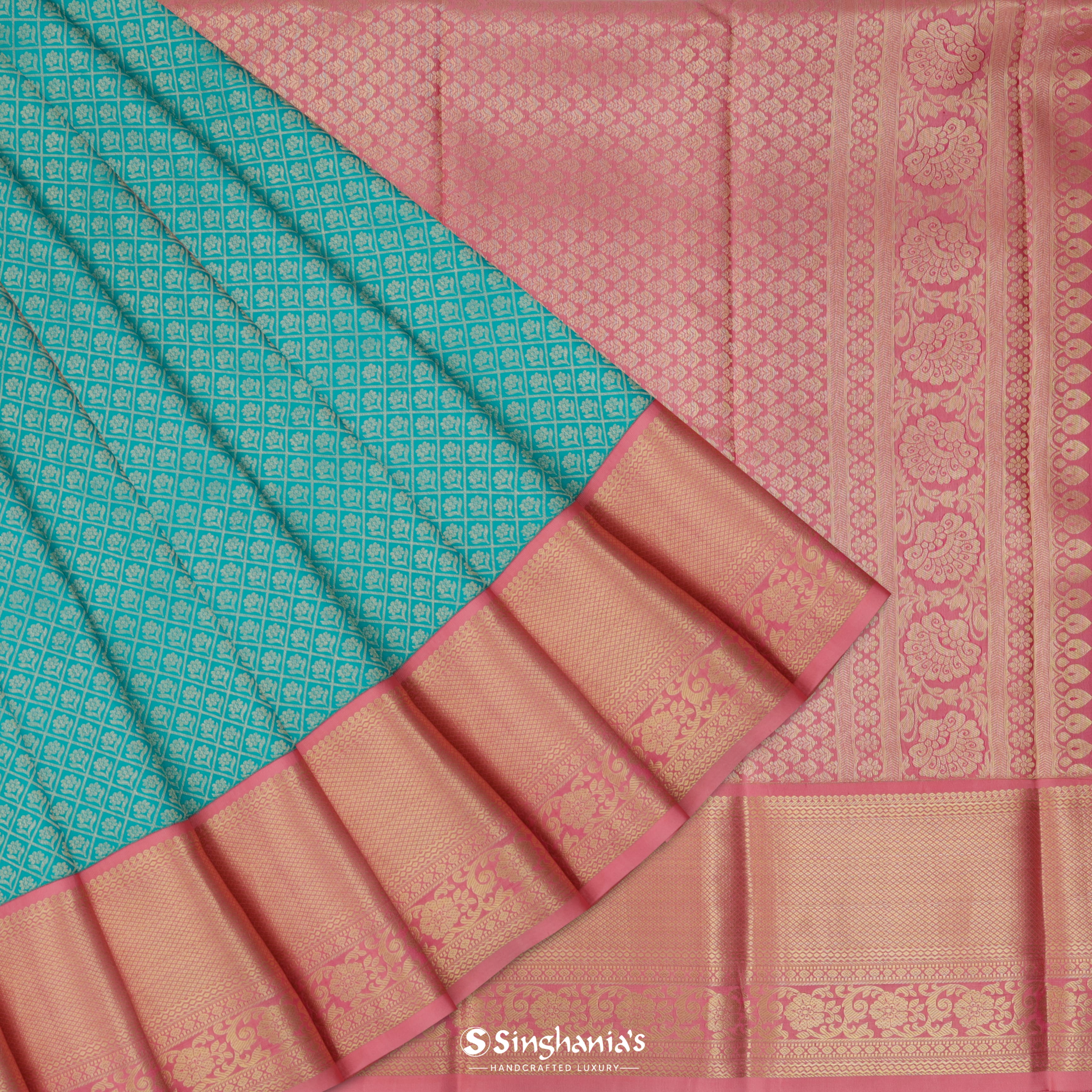 Cyan Green Silk Kanjivaram Saree With Floral Buttas