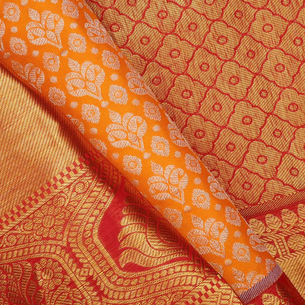 Vibrant Mango Orange Kanjivaram Silk Saree With Floral Buttis - Singhania's