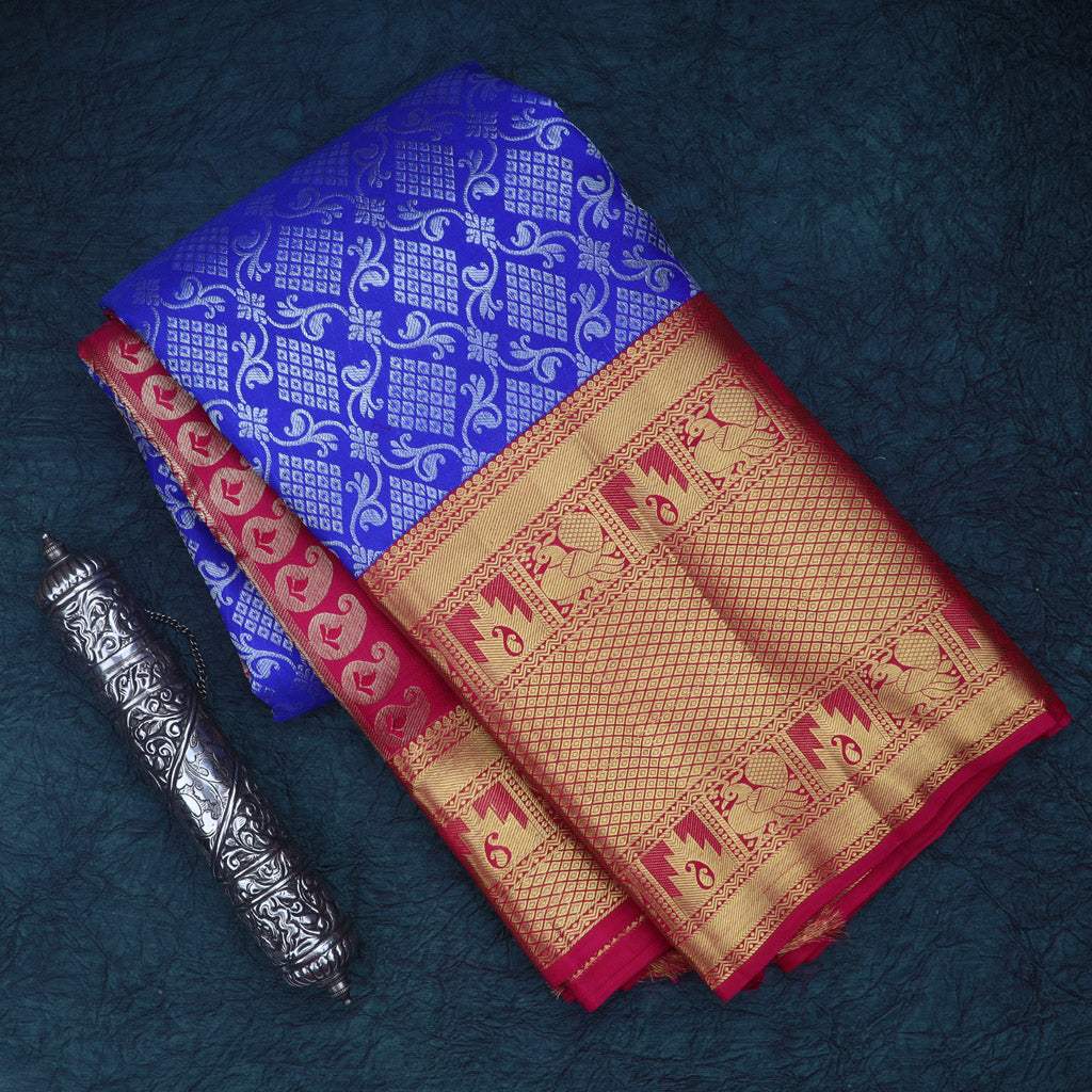 Azure Blue Kanjivaram Silk Saree With Jaal Design - Singhania's