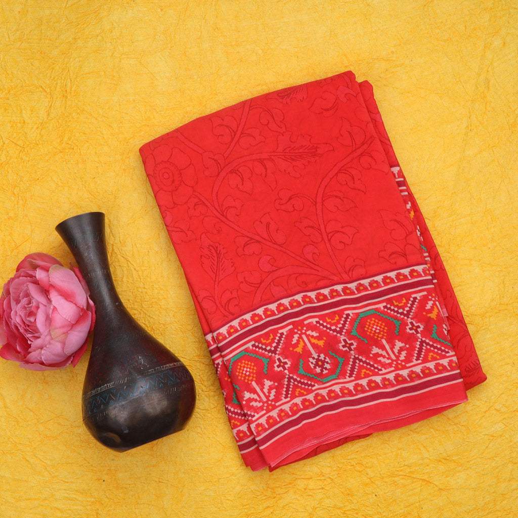 Red Silk Saree With Patola Print - Singhania's