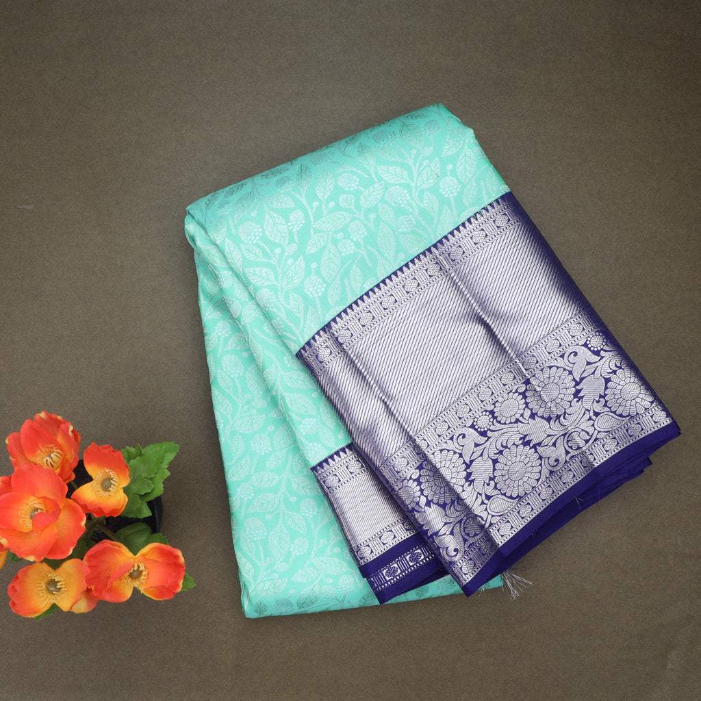 Cyan Blue Kanjivaram Silk Saree With Jaal Design - Singhania's